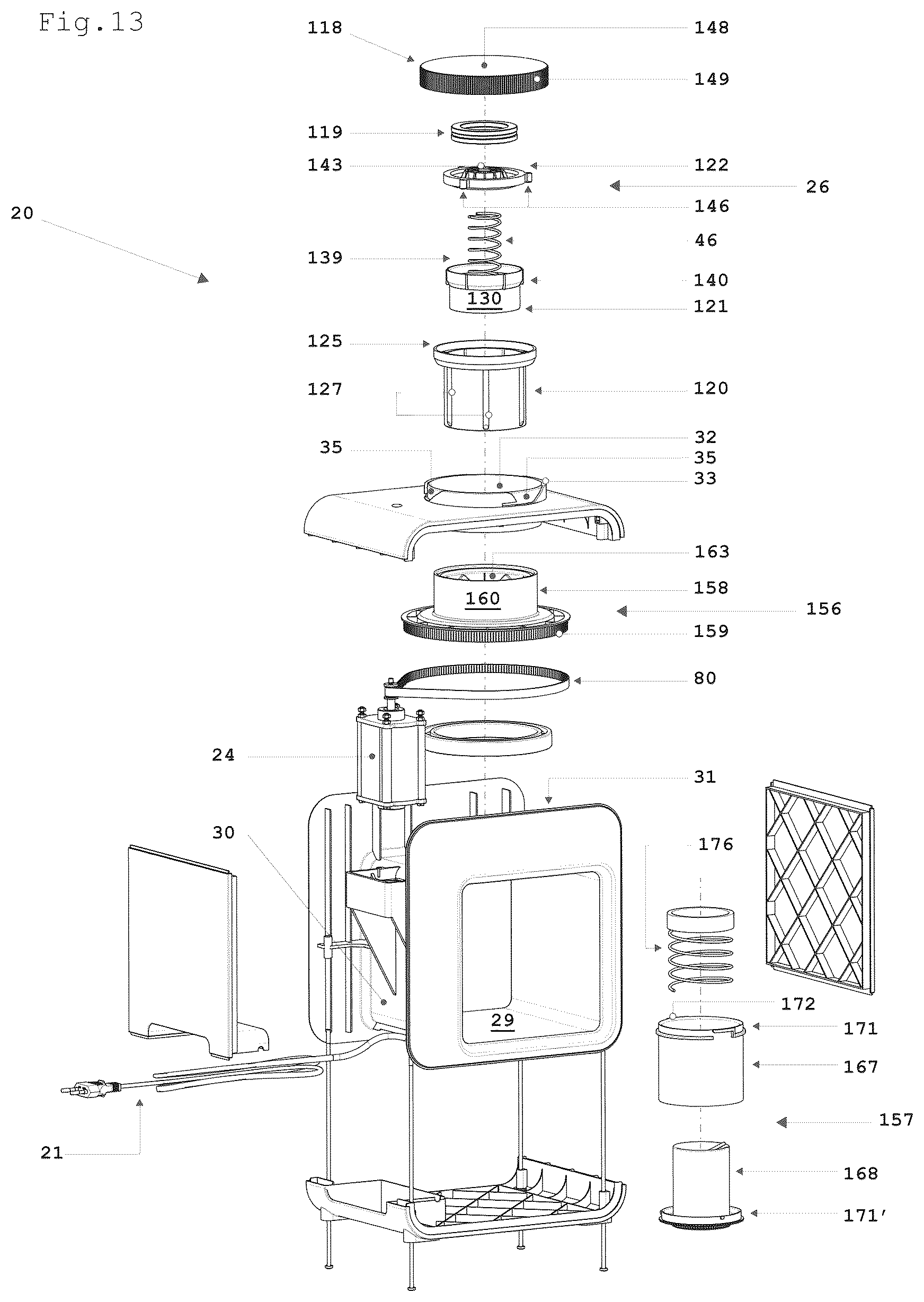 Patent US12599148 Figure 14 – Semi-automatic machine for crushing and for collecting outside frozen food substances for a subsequent food use of said food substances