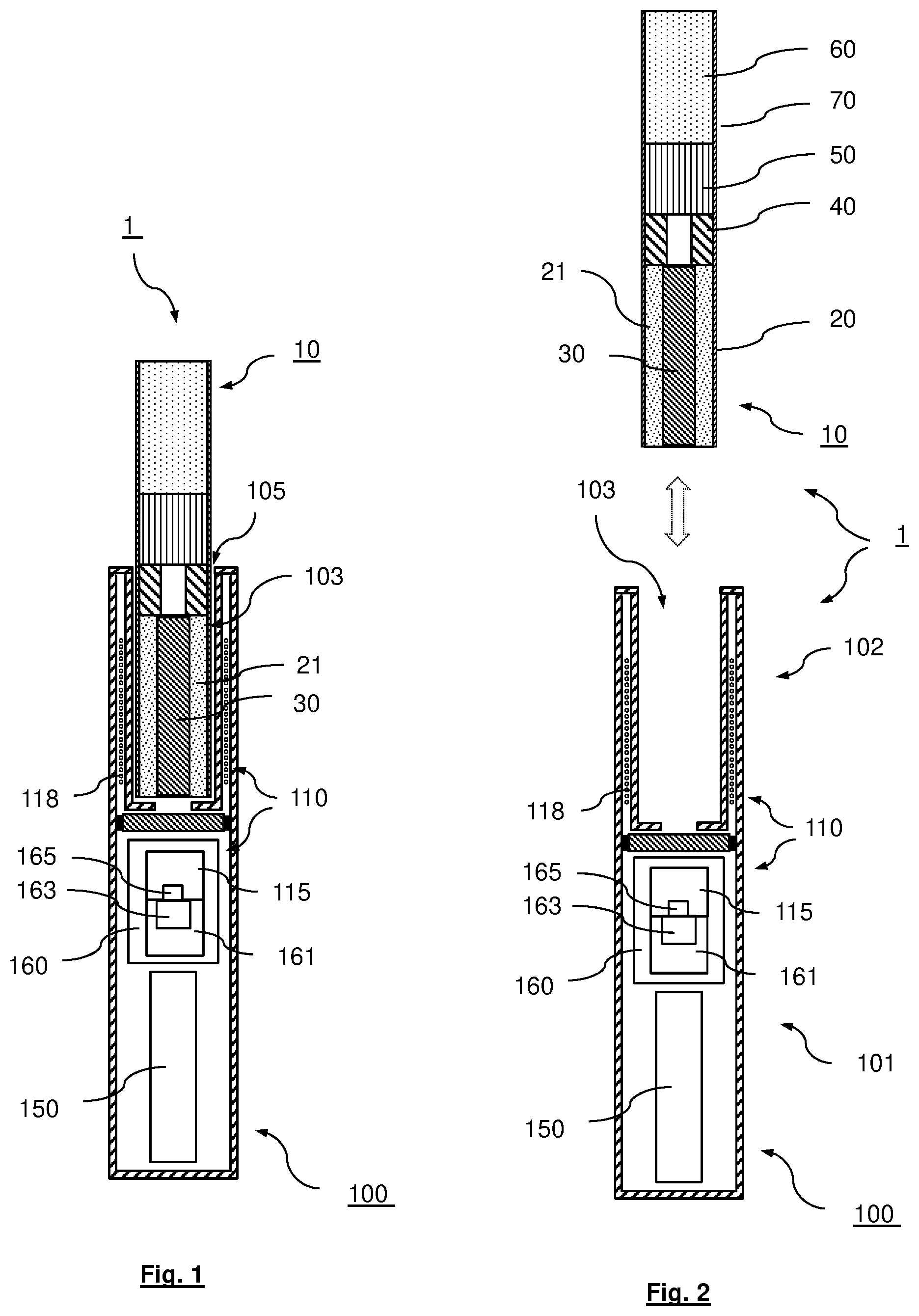 Patent US12599179 Figure 1 – Aerosol-generating device with means for detecting the presence, absence, or displacement of an aerosol-generating article in a cavity of the device