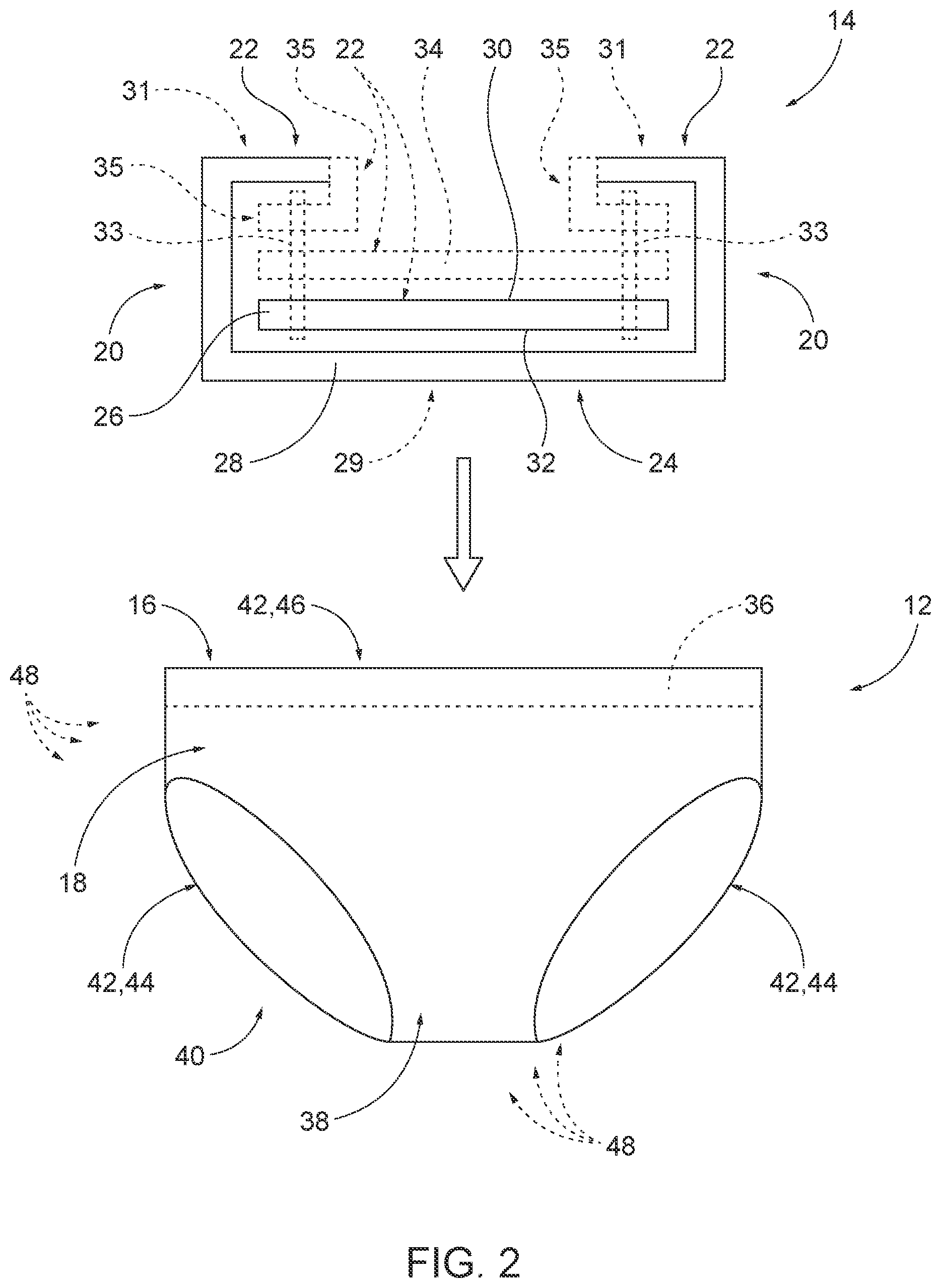 Patent US12599181 Figure 2 – Moisture lock fluid retention assemblies, garments including the same, and related methods