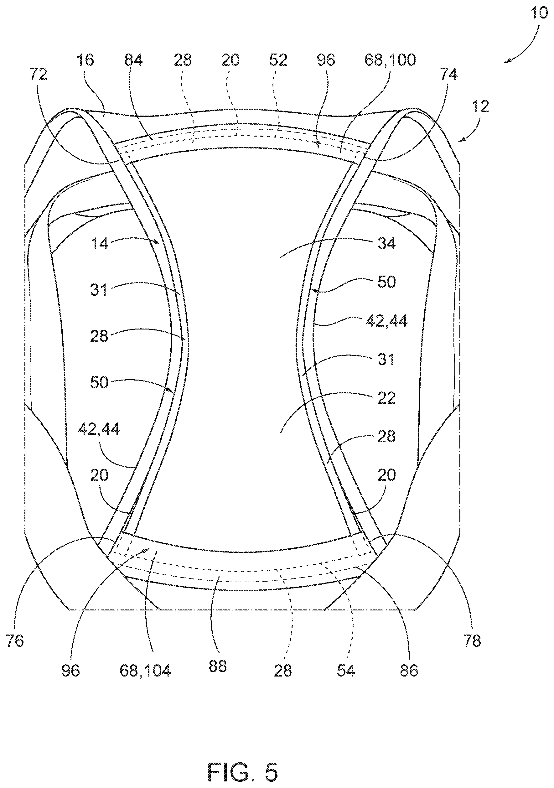 Patent US12599181 Figure 5 – Moisture lock fluid retention assemblies, garments including the same, and related methods