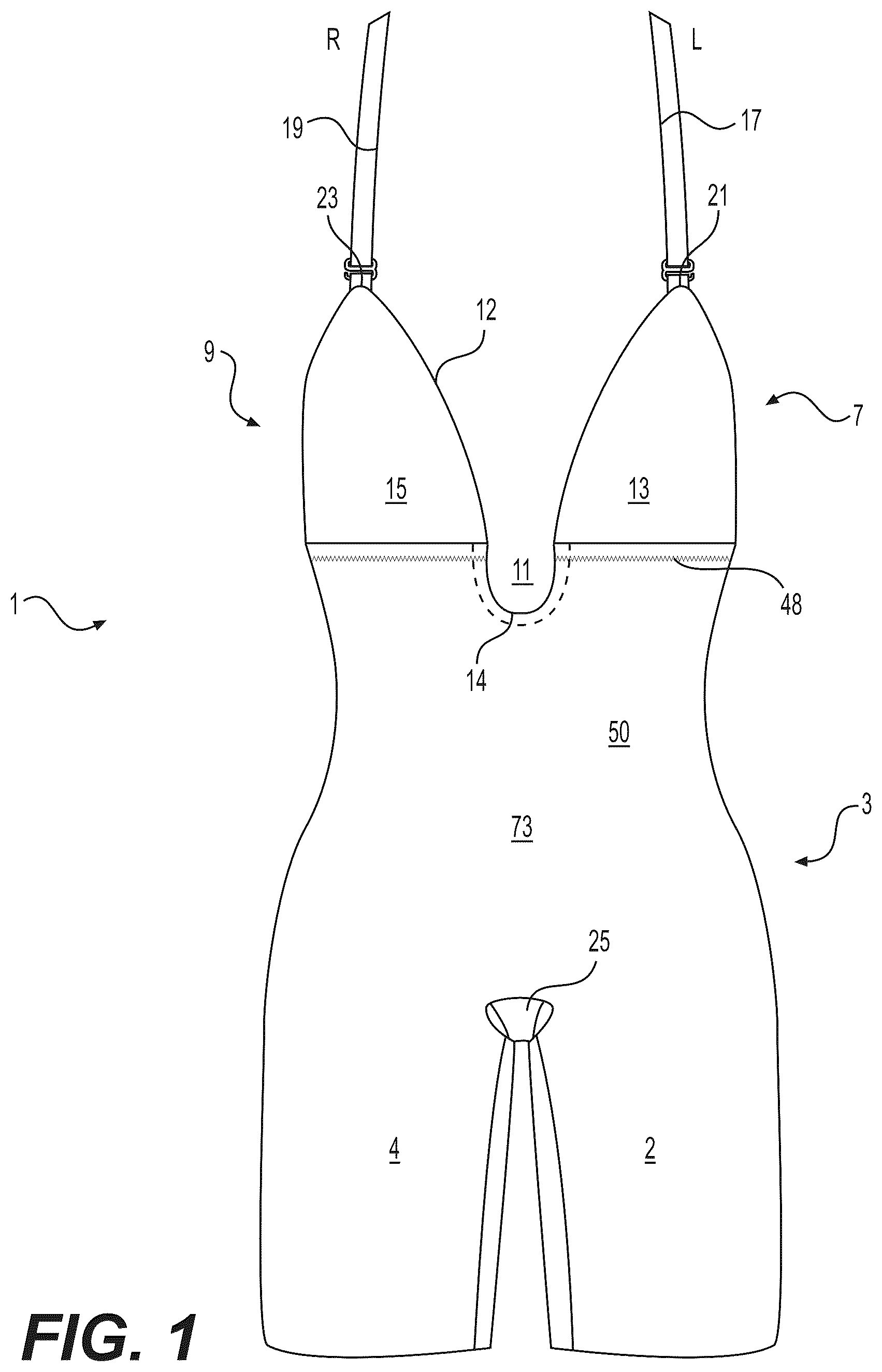 Patent US12599182 Figure 1 – Shaping garment with adjustable low back