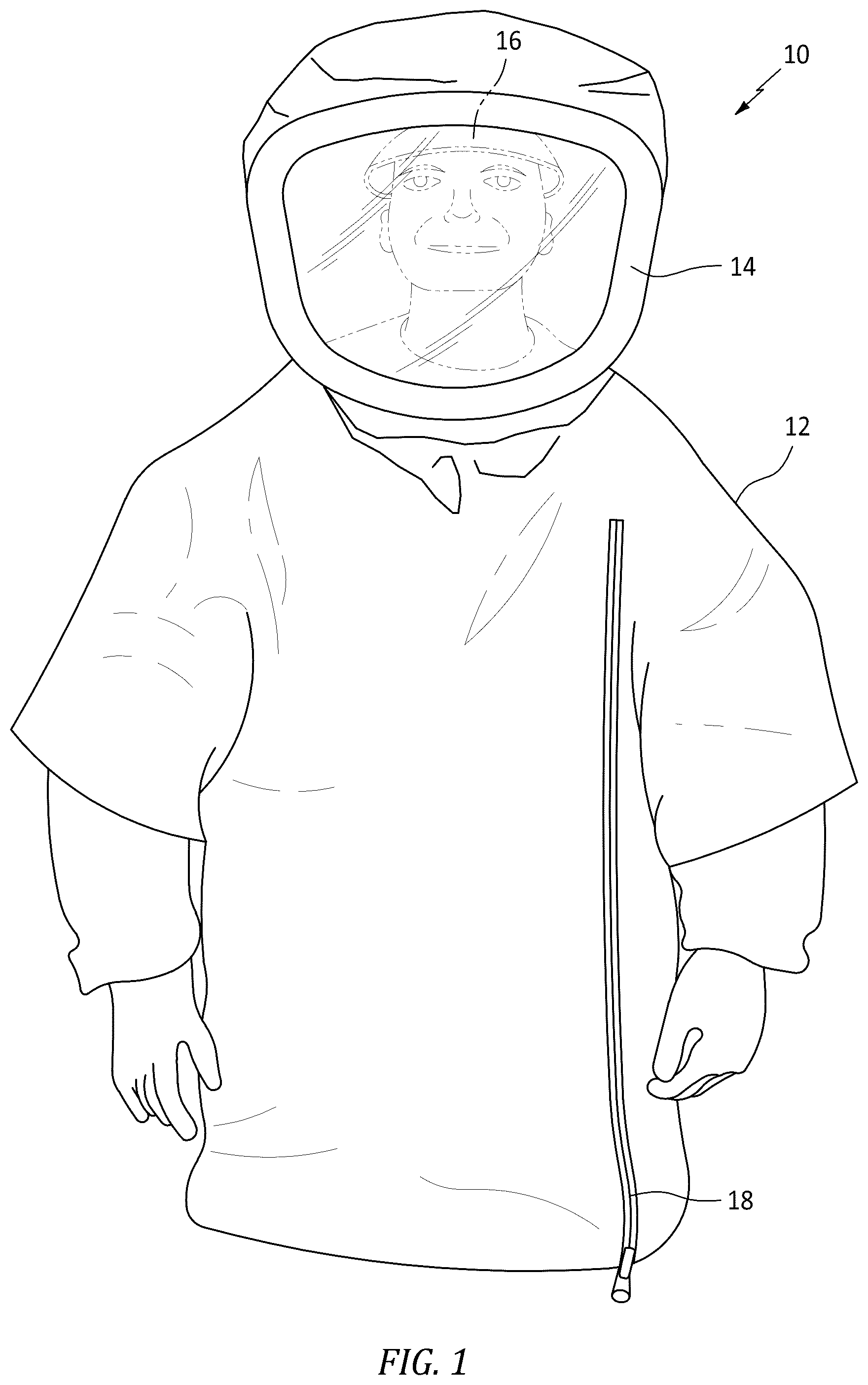 Patent US12599184 Figure 1 – Personal protective equipment ensemble made up of a launderable hood and an air dispersion protective face shield assembly