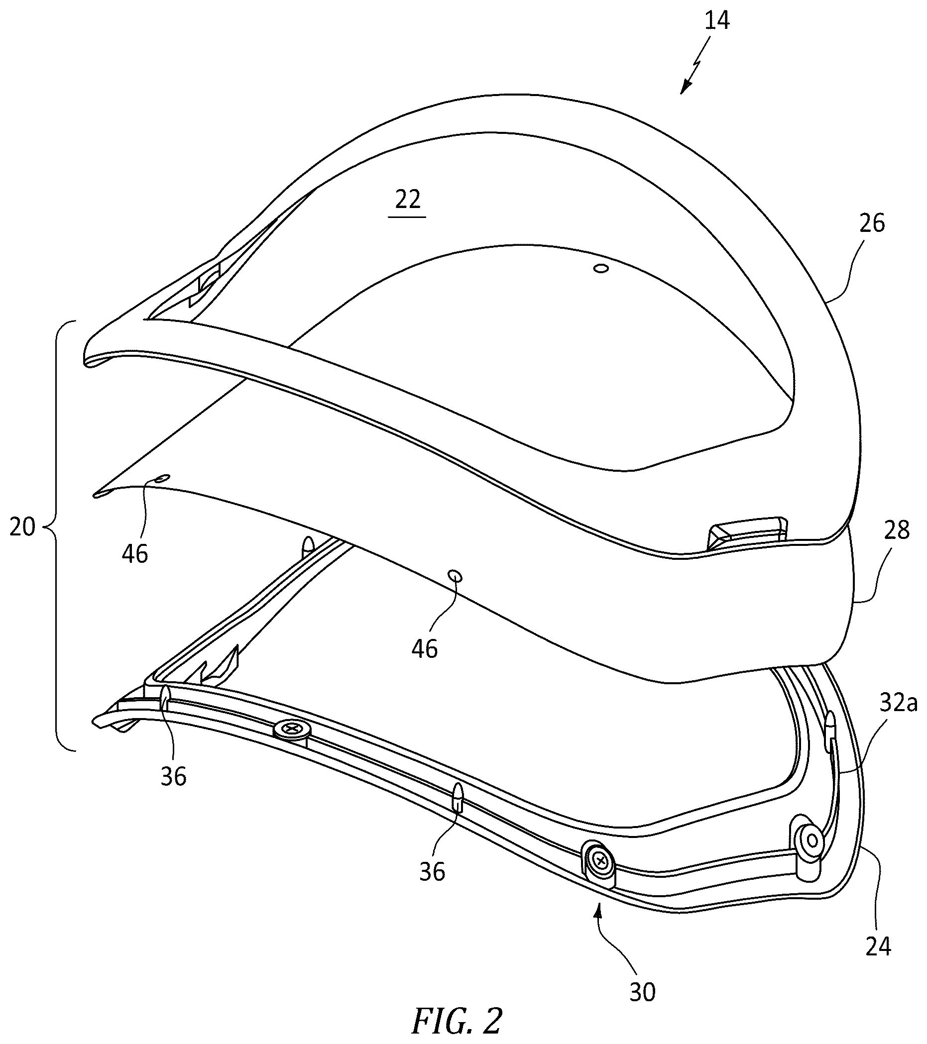 Patent US12599184 Figure 2 – Personal protective equipment ensemble made up of a launderable hood and an air dispersion protective face shield assembly
