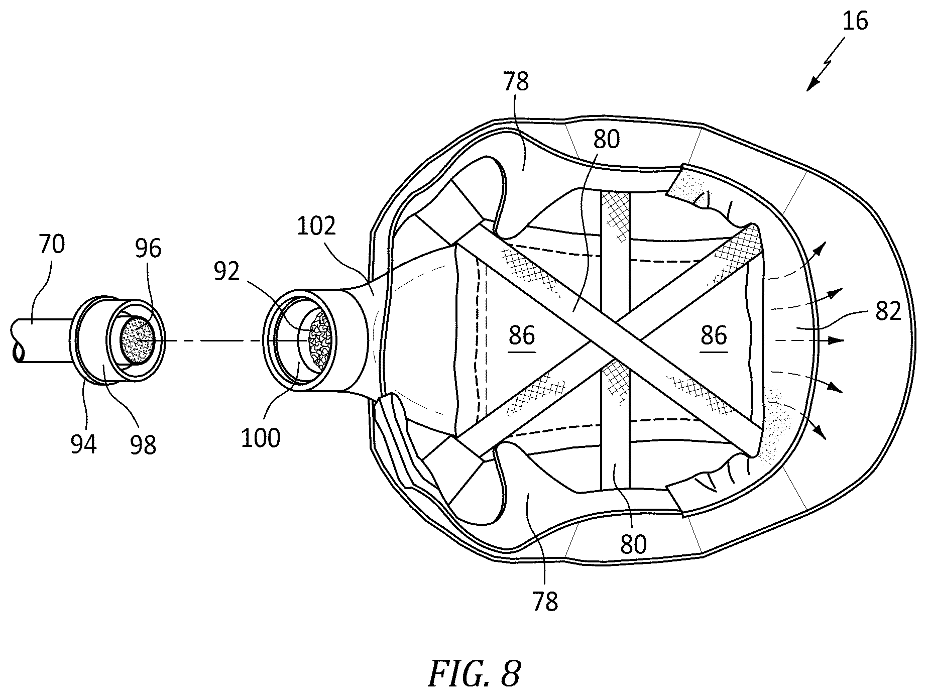 Patent US12599184 Figure 8 – Personal protective equipment ensemble made up of a launderable hood and an air dispersion protective face shield assembly