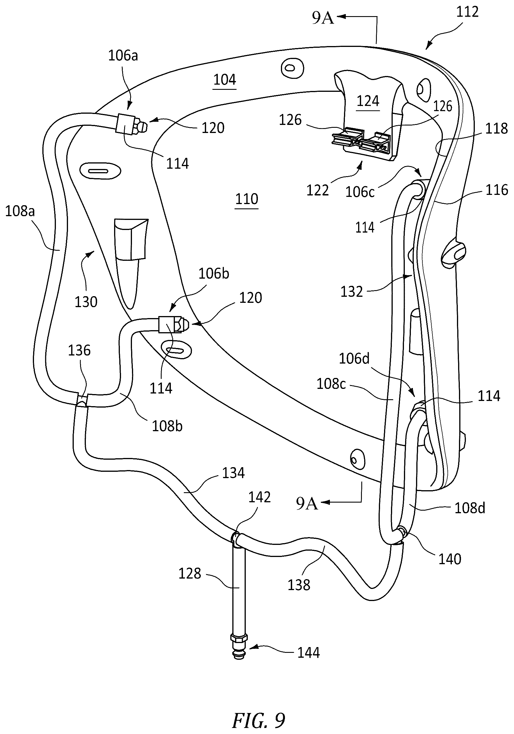 Patent US12599184 Figure 9 – Personal protective equipment ensemble made up of a launderable hood and an air dispersion protective face shield assembly
