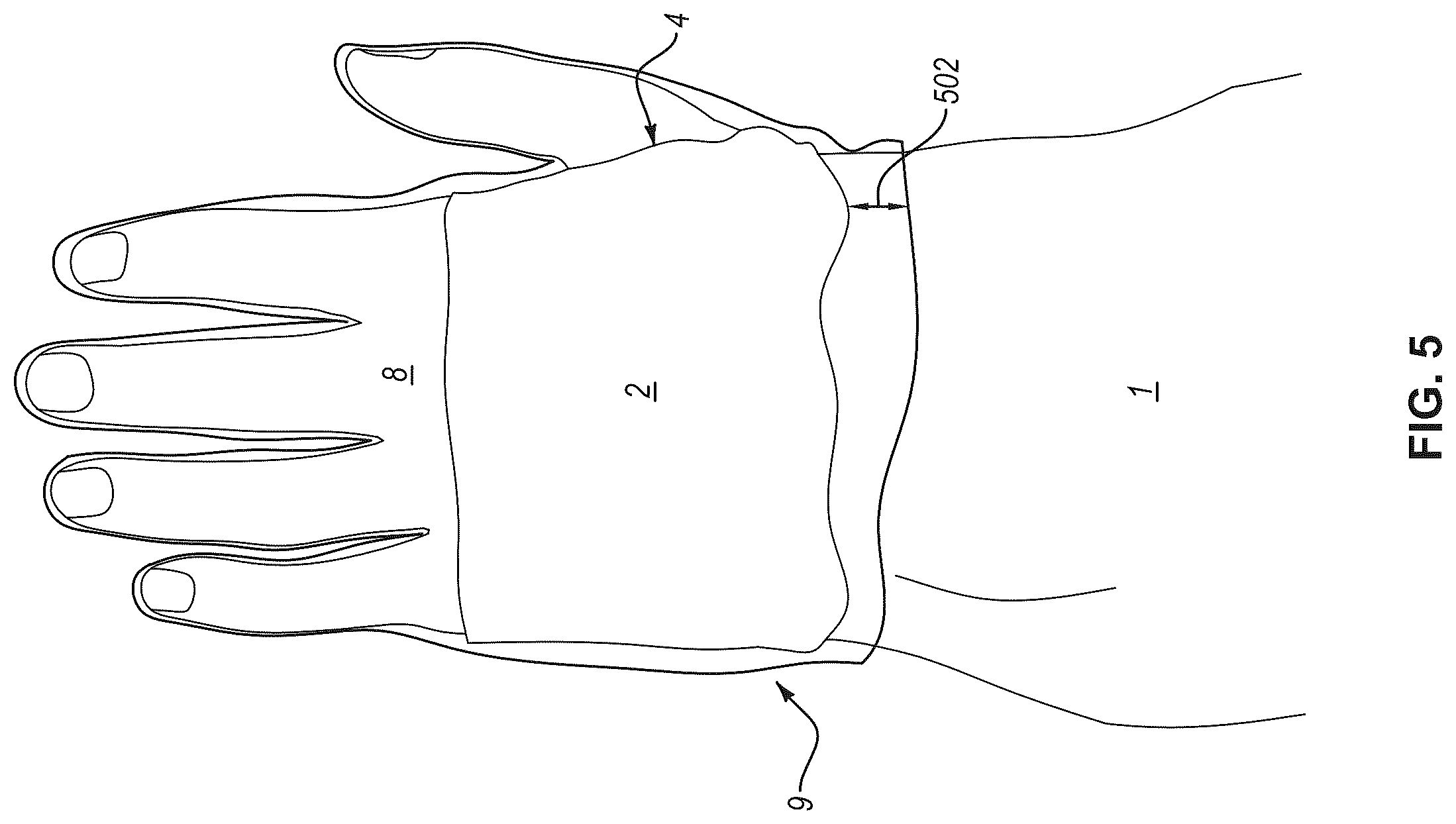 Patent US12599186 Figure 5 – Gown with cuff having integrated perforations