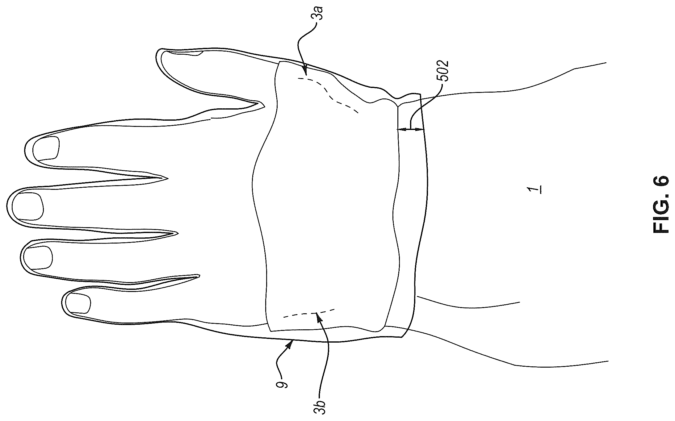 Patent US12599186 Figure 6 – Gown with cuff having integrated perforations