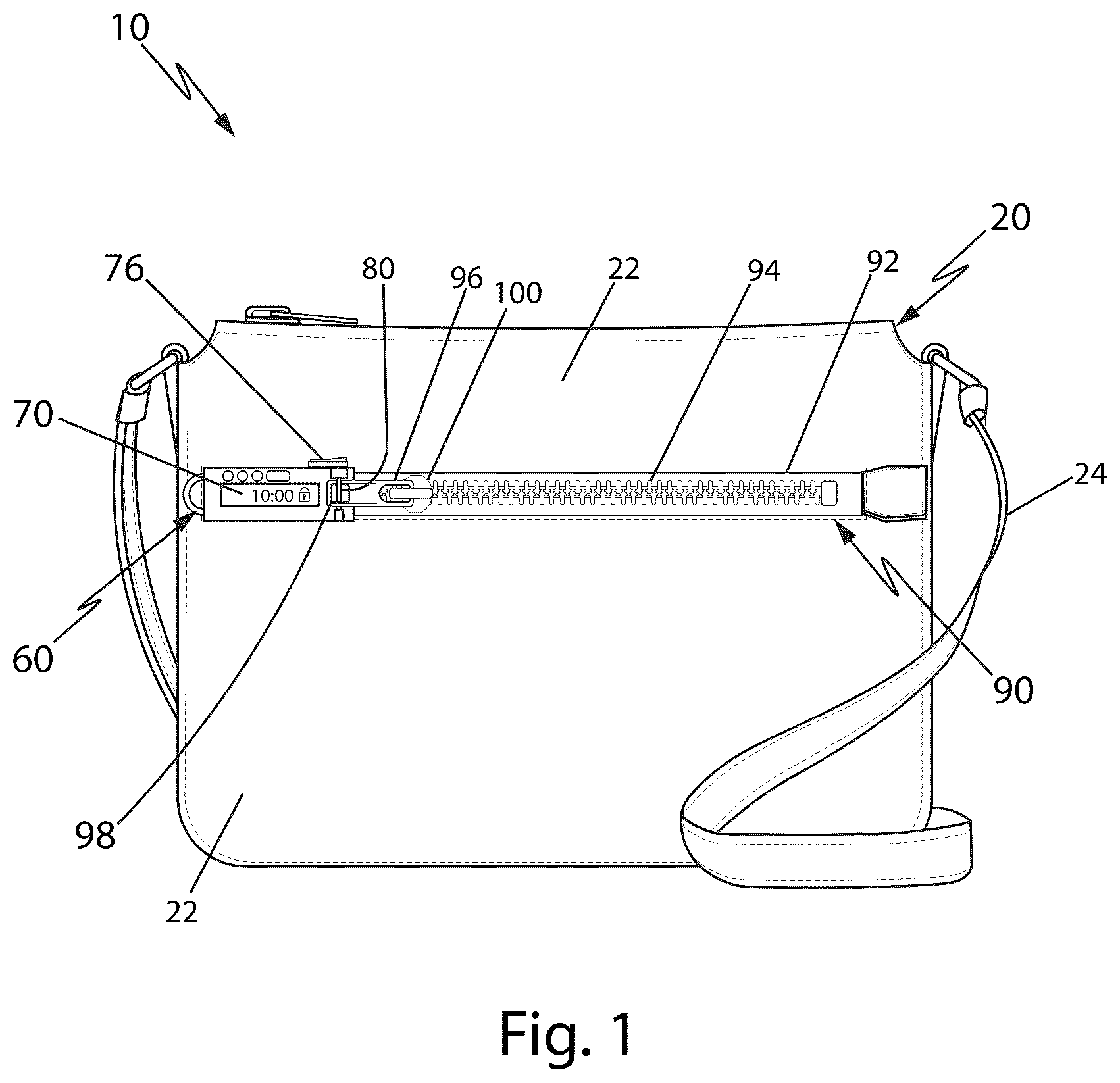 Patent US12599211 Figure 1 – Carrying case having timed locking assemblies to store phones
