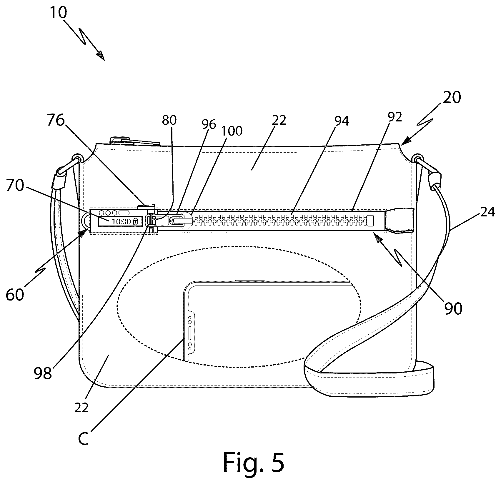 Patent US12599211 Figure 4 – Carrying case having timed locking assemblies to store phones