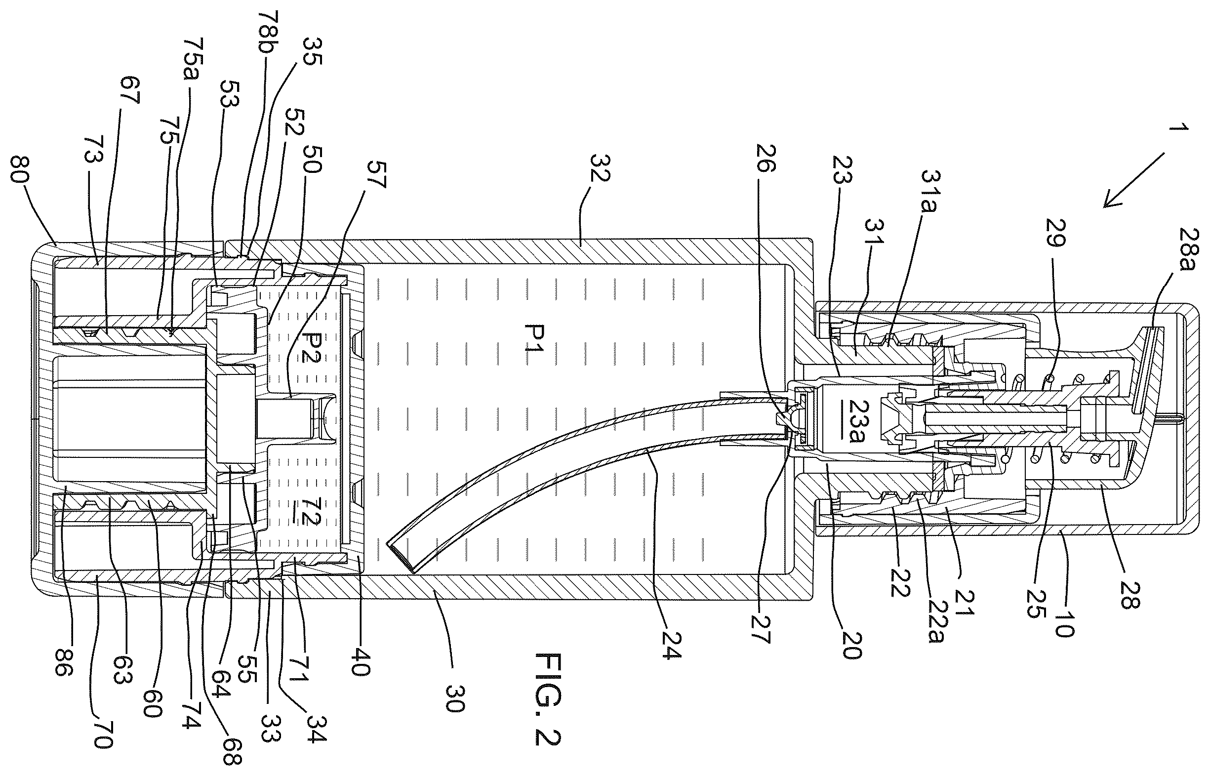 Patent US12599217 Figure 2 – Cosmetic container for mixing and dispensing two products