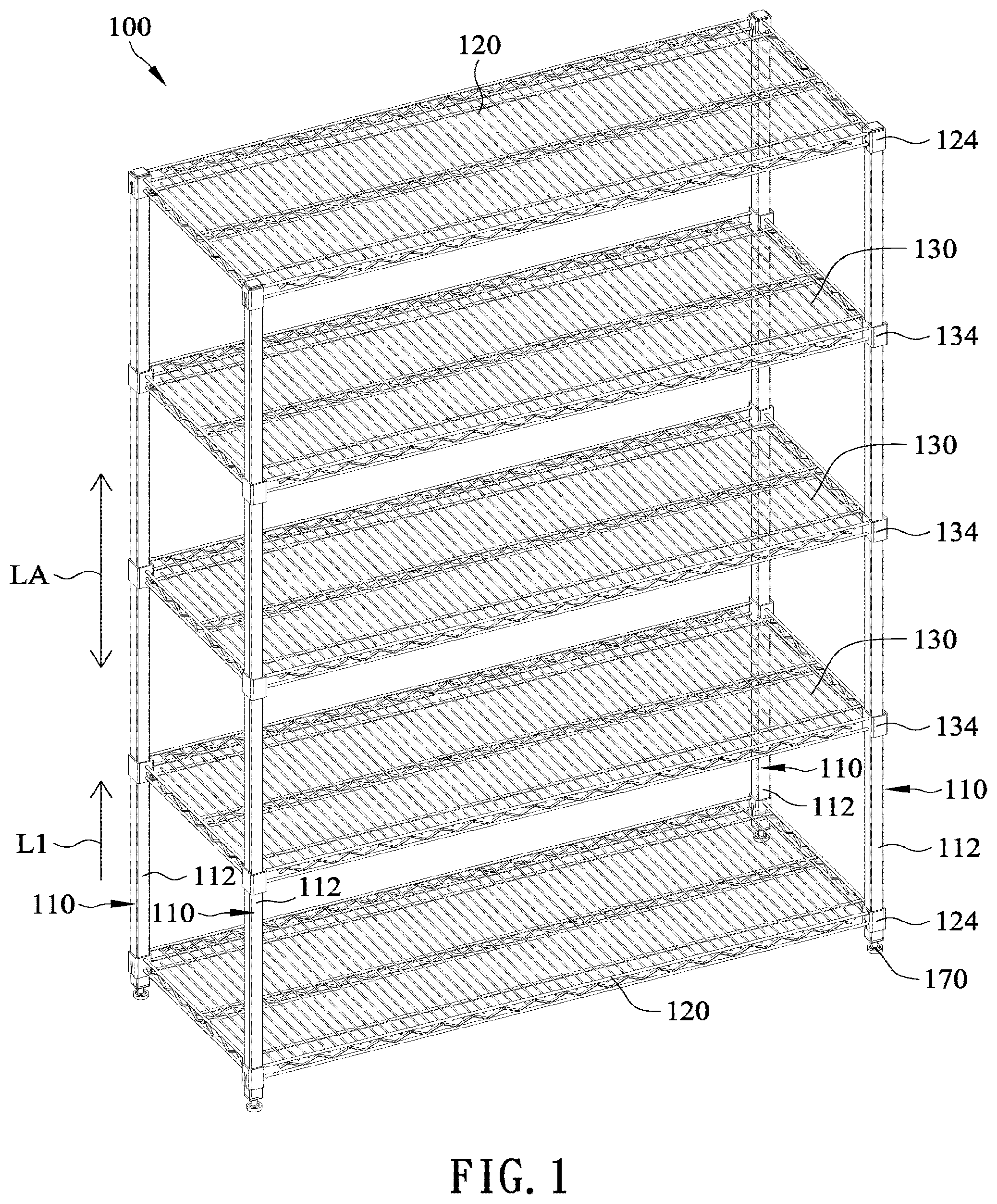 Patent US12599227 Figure 1 – Concave square tube lifting storage shelf