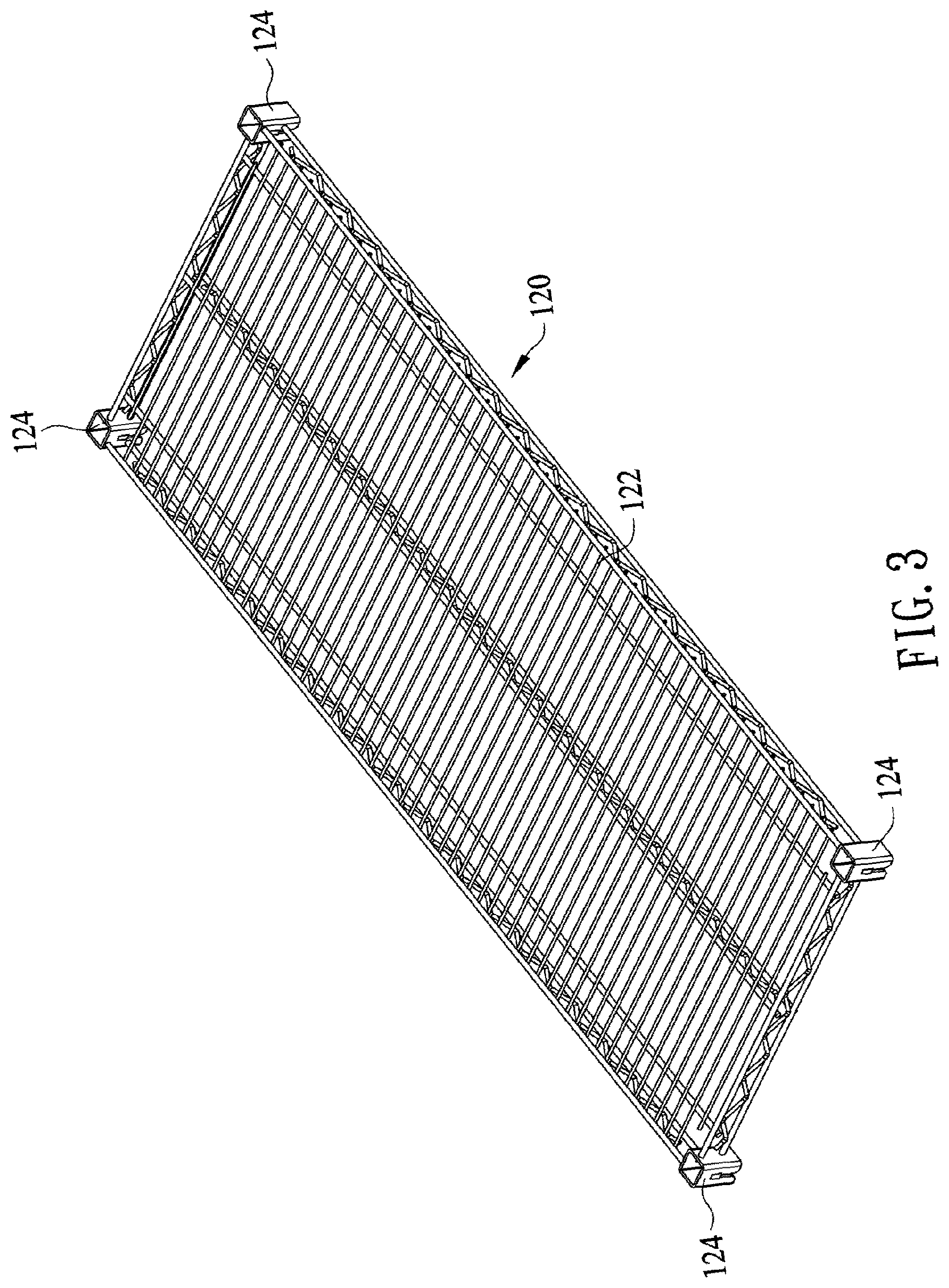 Patent US12599227 Figure 4 – Concave square tube lifting storage shelf