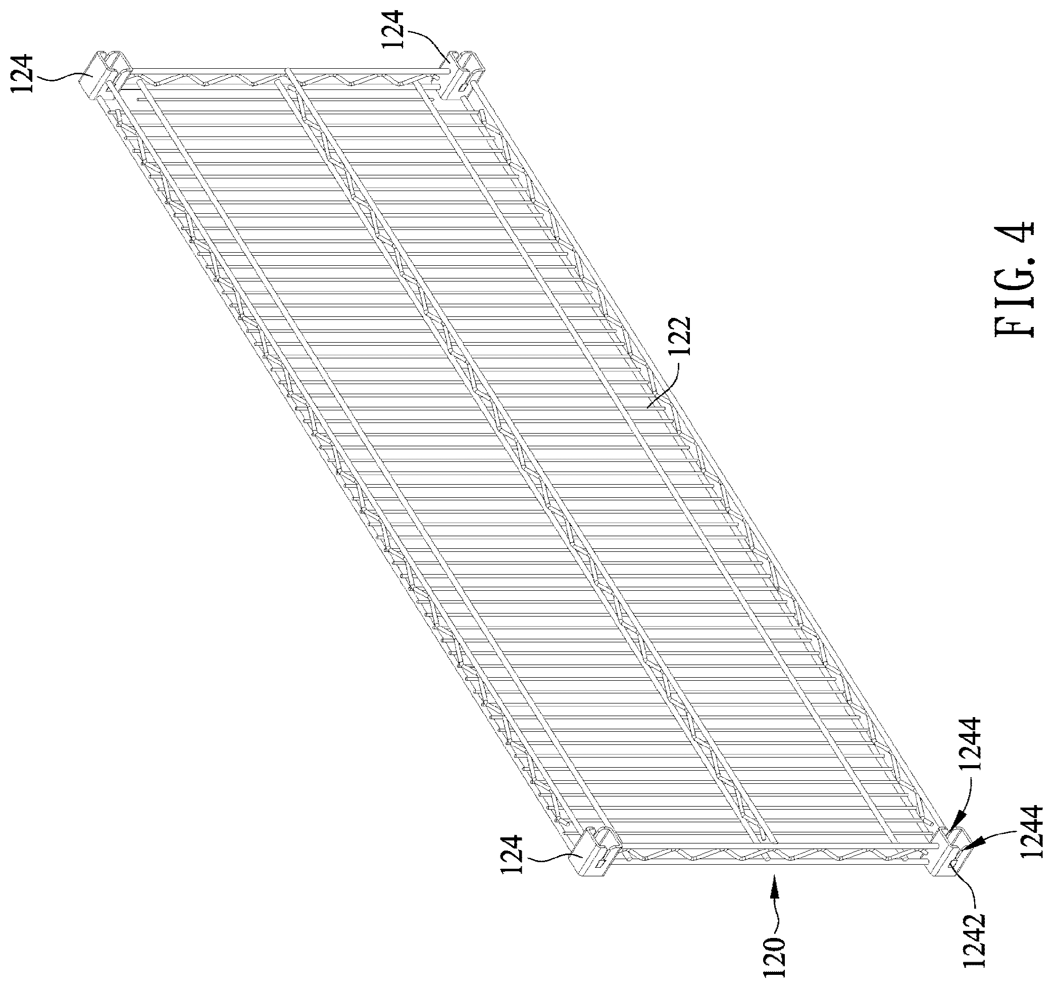 Patent US12599227 Figure 5 – Concave square tube lifting storage shelf