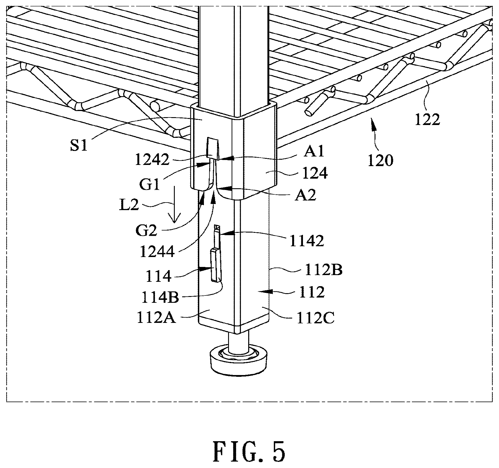Patent US12599227 Figure 6 – Concave square tube lifting storage shelf
