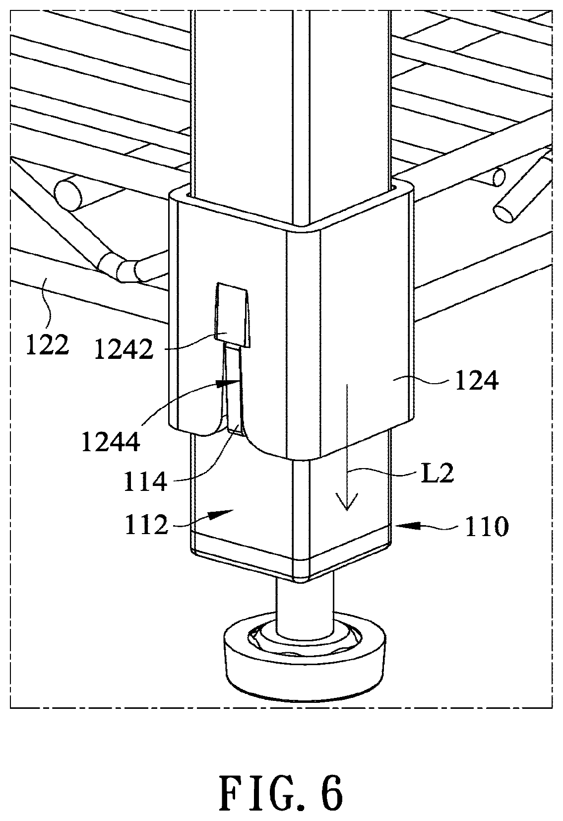 Patent US12599227 Figure 7 – Concave square tube lifting storage shelf