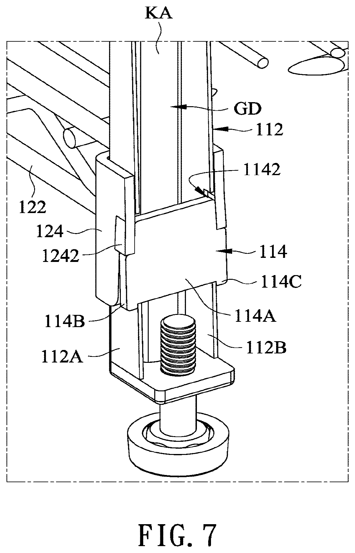 Patent US12599227 Figure 8 – Concave square tube lifting storage shelf