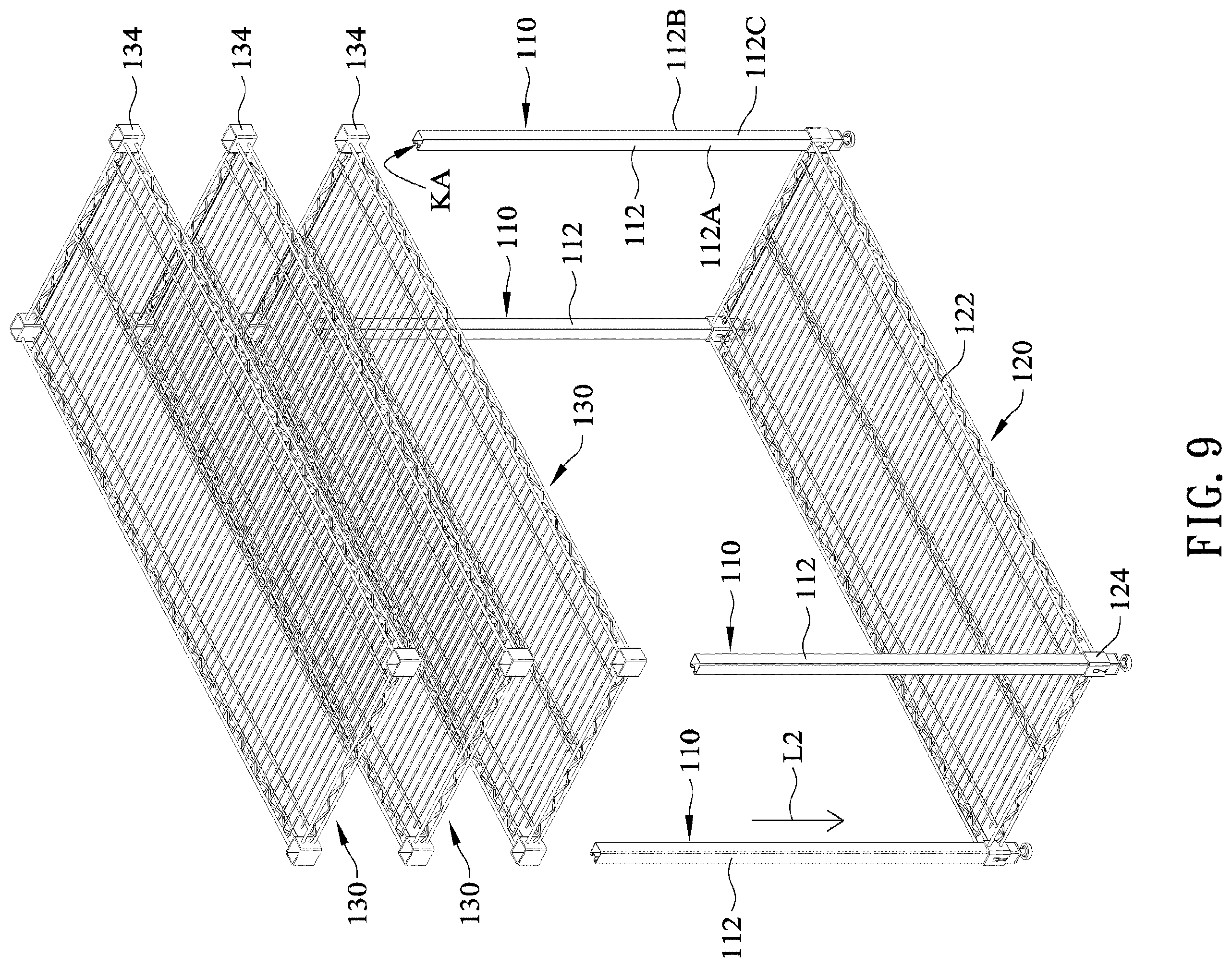 Patent US12599227 Figure 10 – Concave square tube lifting storage shelf