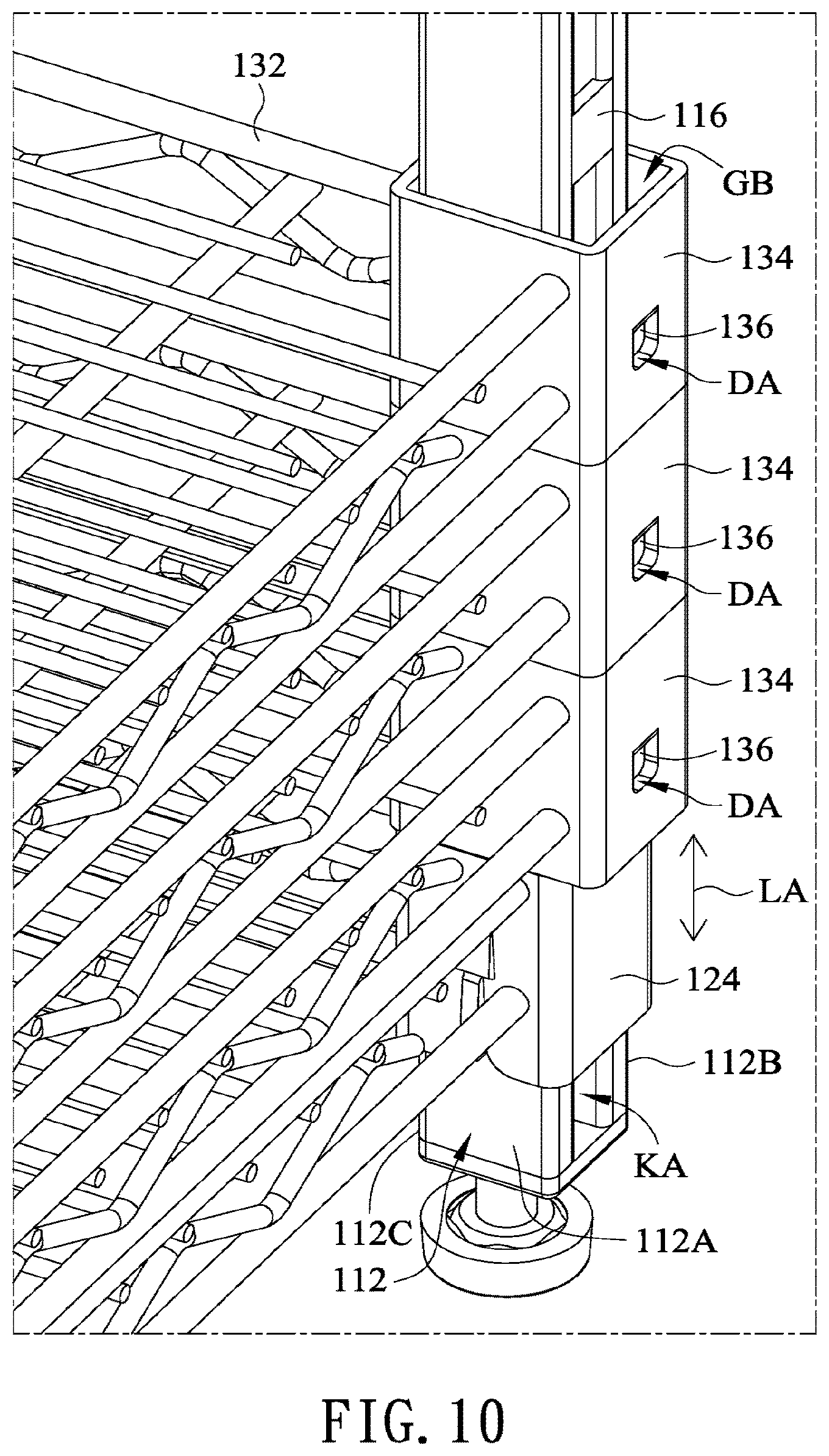 Patent US12599227 Figure 11 – Concave square tube lifting storage shelf