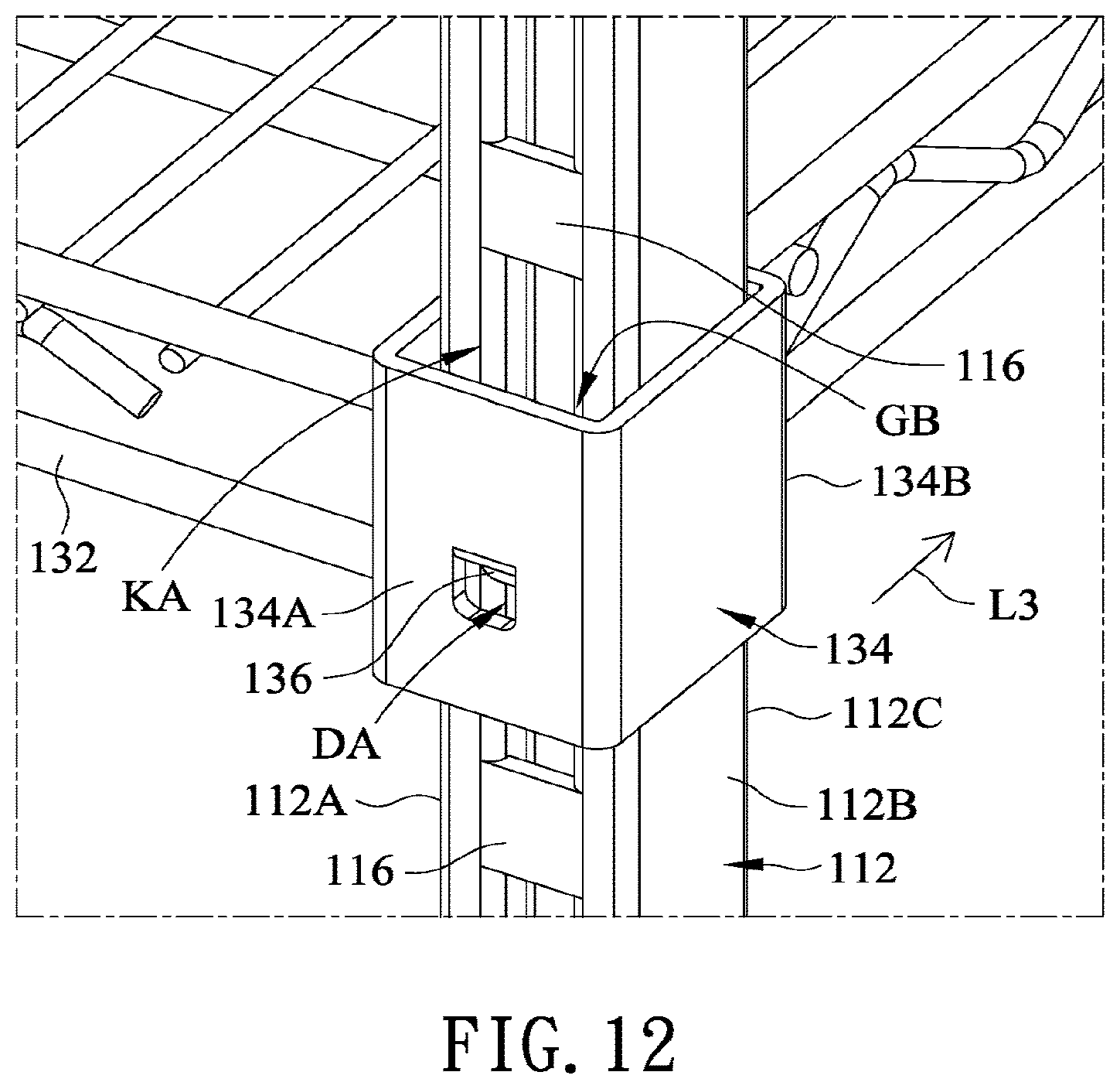 Patent US12599227 Figure 13 – Concave square tube lifting storage shelf
