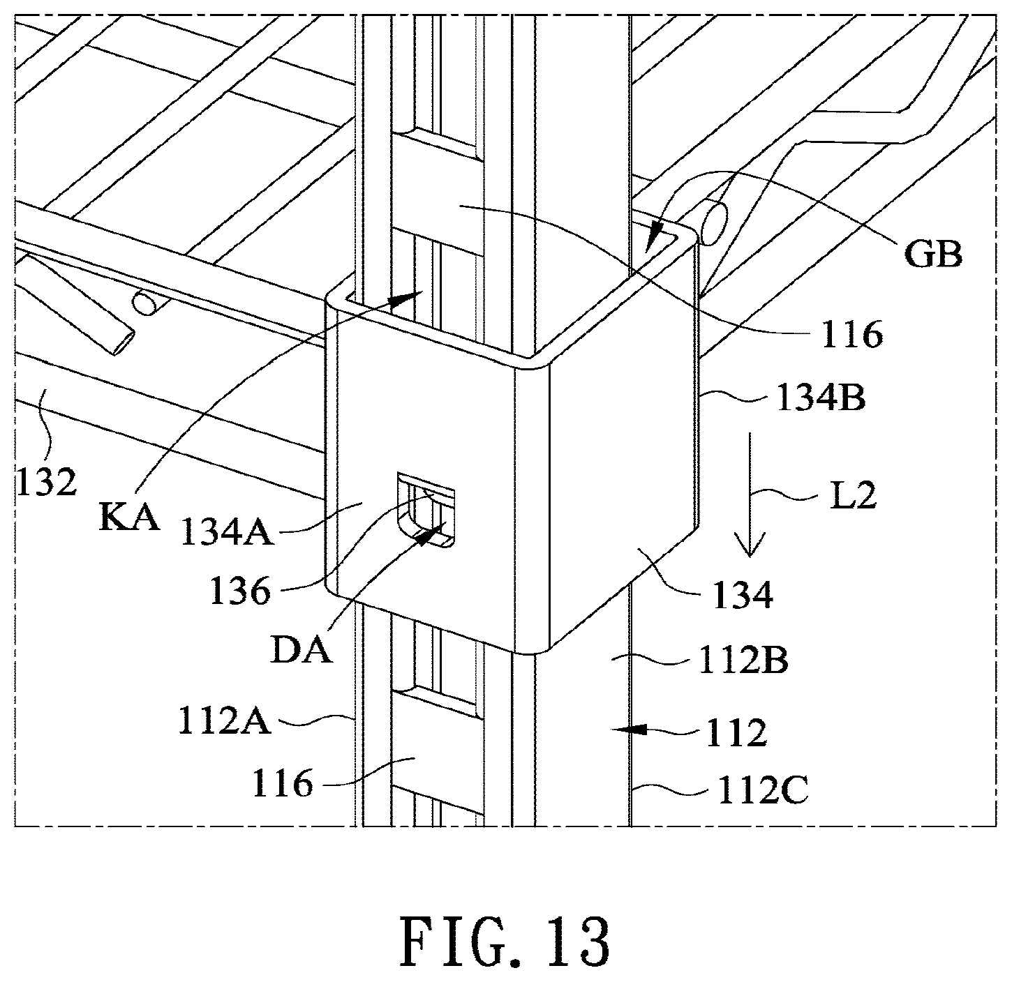 Patent US12599227 Figure 14 – Concave square tube lifting storage shelf