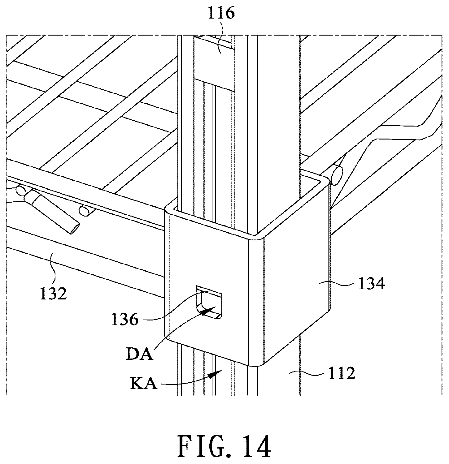 Patent US12599227 Figure 15 – Concave square tube lifting storage shelf