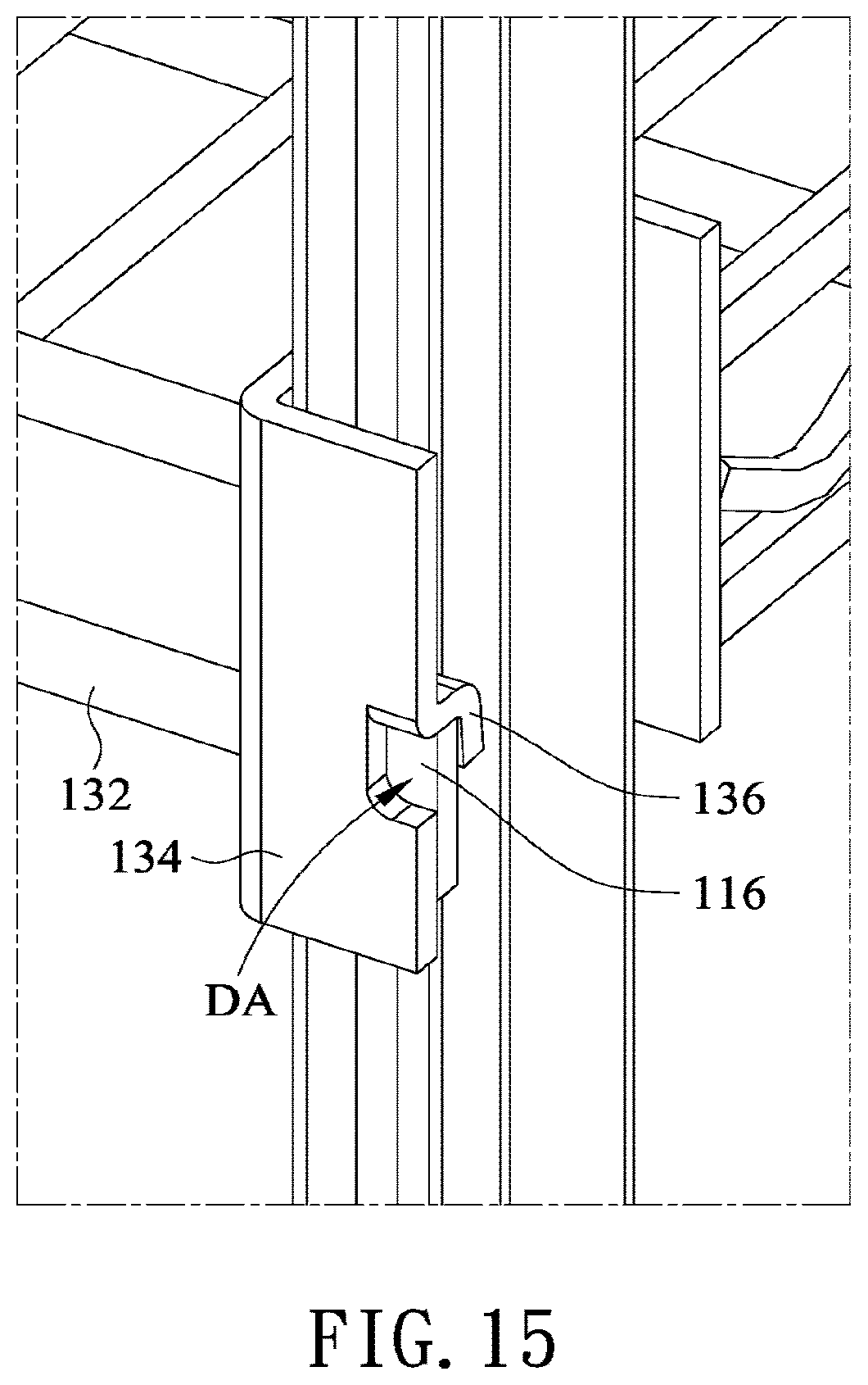 Patent US12599227 Figure 16 – Concave square tube lifting storage shelf
