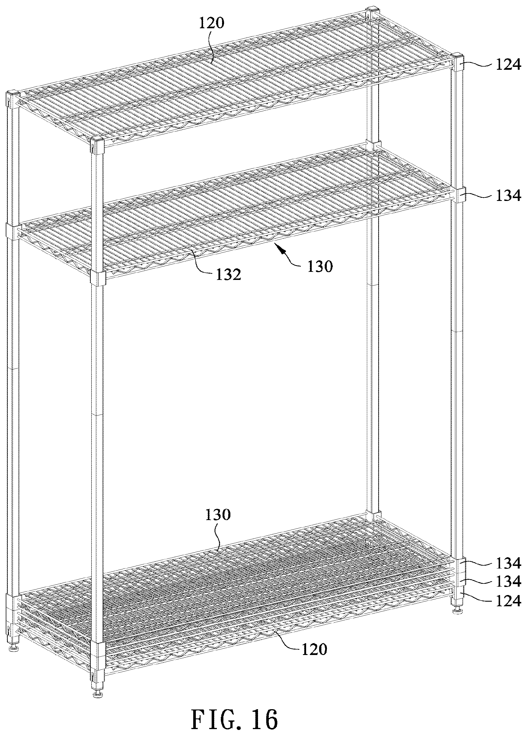 Patent US12599227 Figure 17 – Concave square tube lifting storage shelf