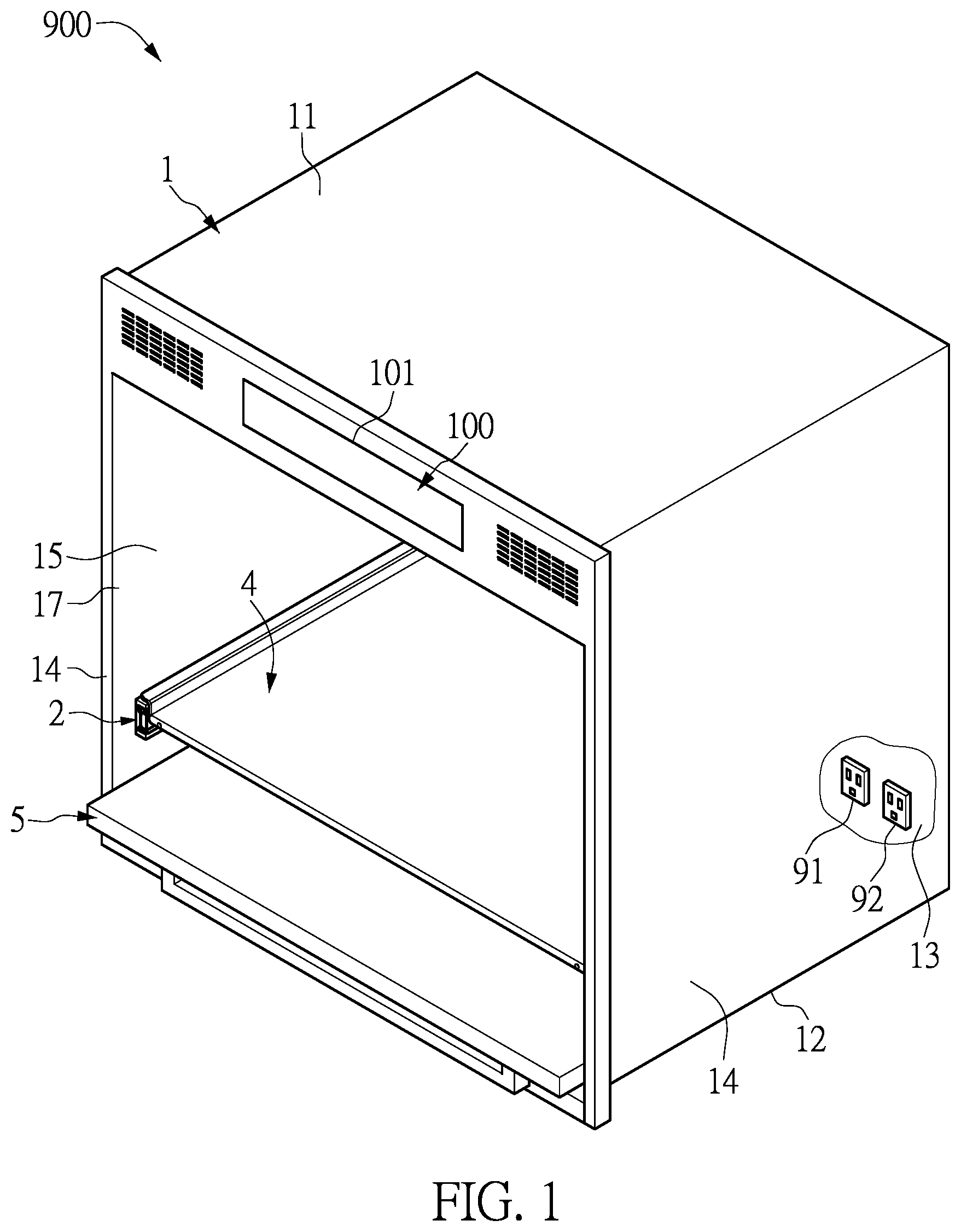 Patent US12599229 Figure 1 – Flip-down electronics cabinet having circuit controlling device