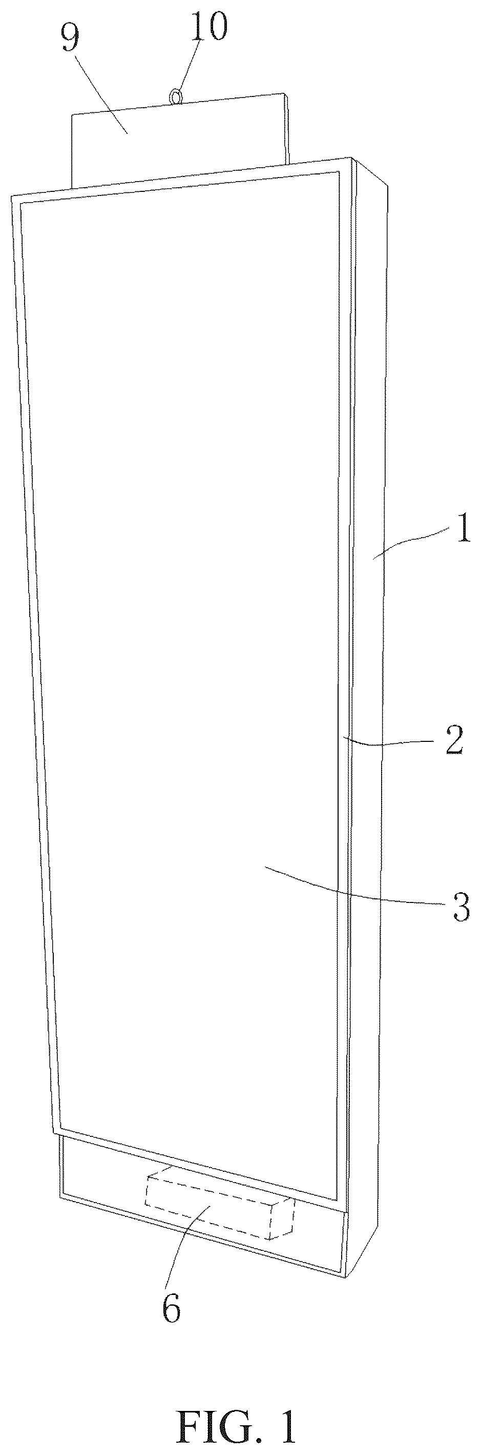 Patent US12599230 Figure 1 – Storage cabinet for dancing mirror with enlarged display screen and audio
