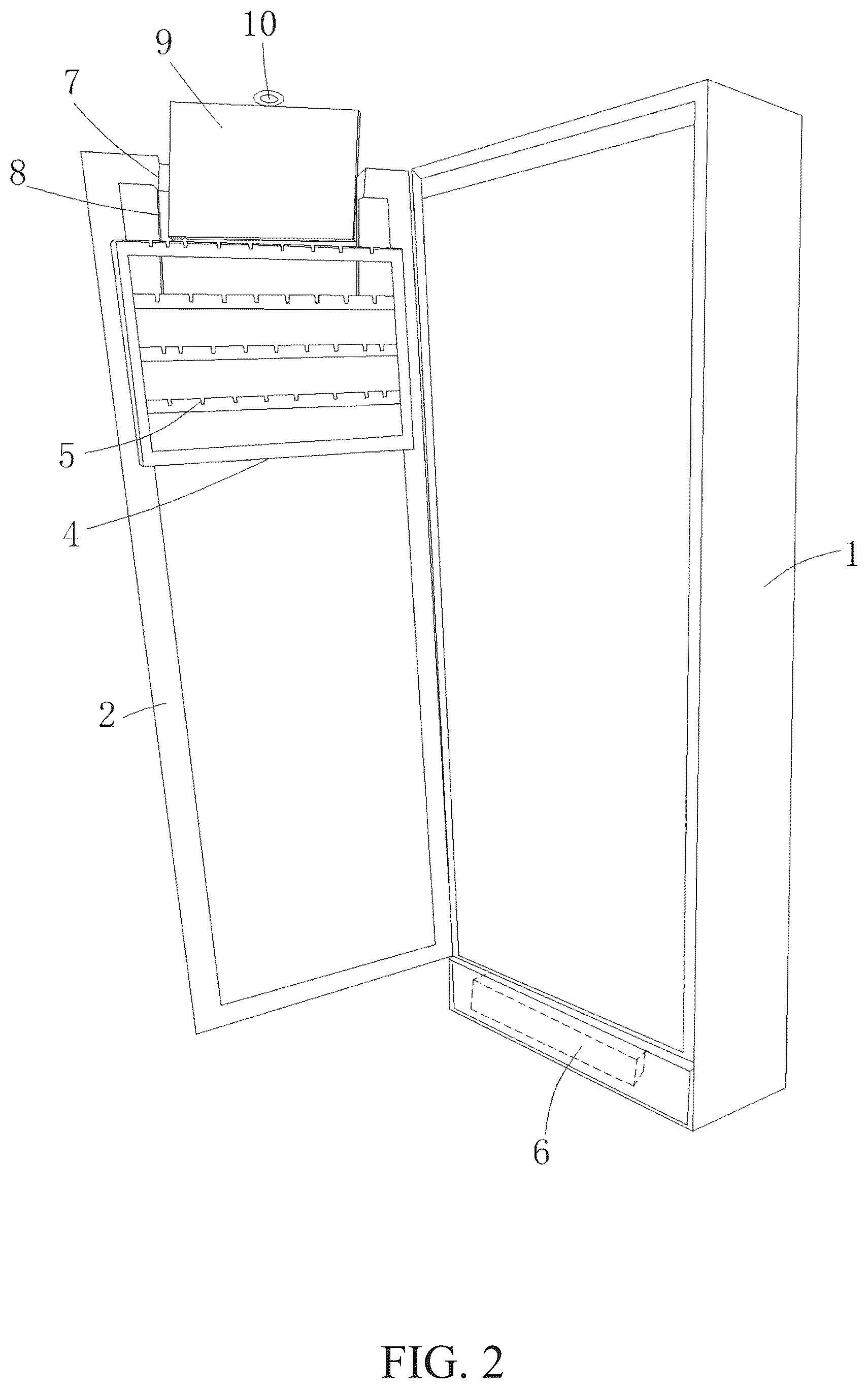 Patent US12599230 Figure 2 – Storage cabinet for dancing mirror with enlarged display screen and audio