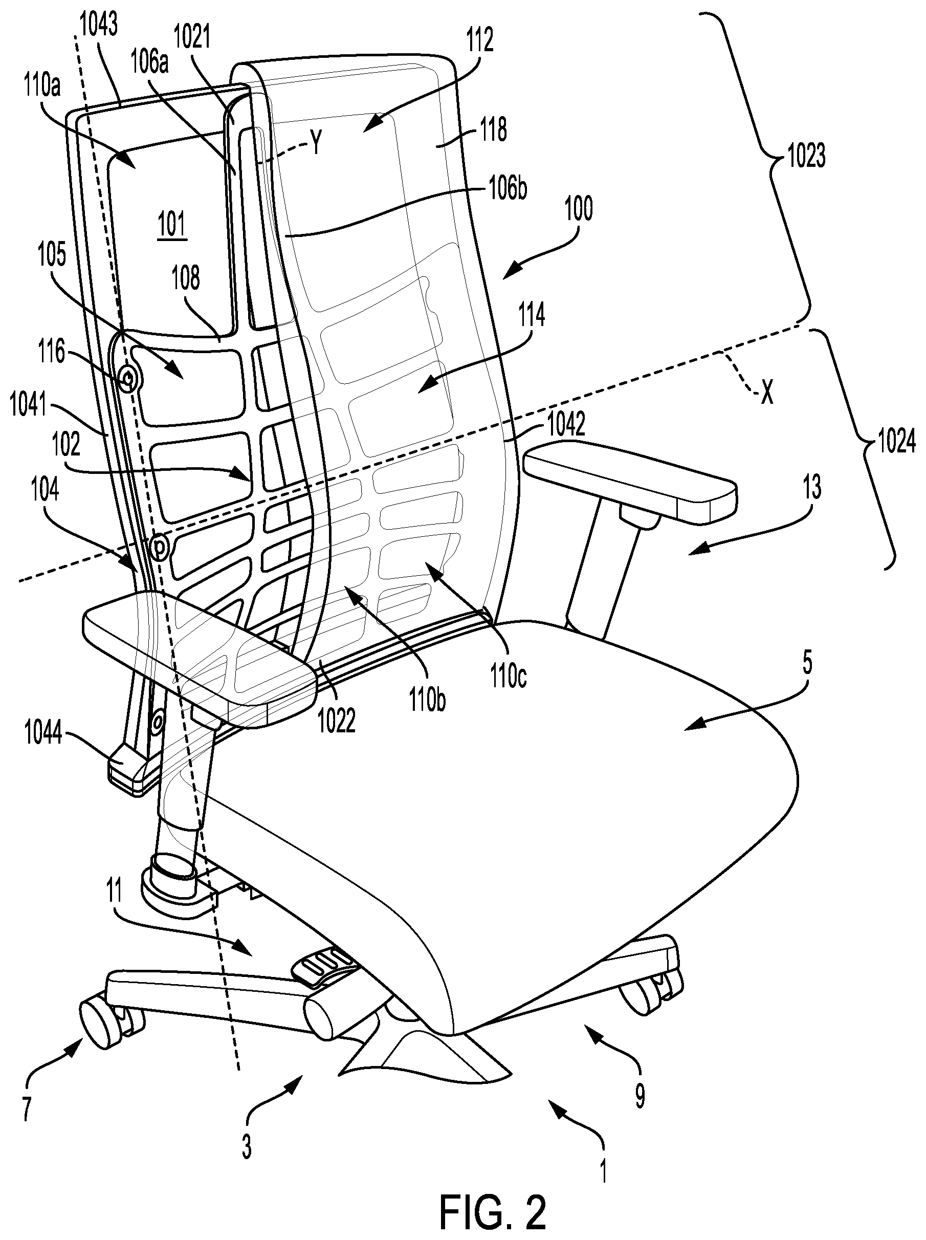 Patent US12599237 Figure 2 – Chair with flexible internal support