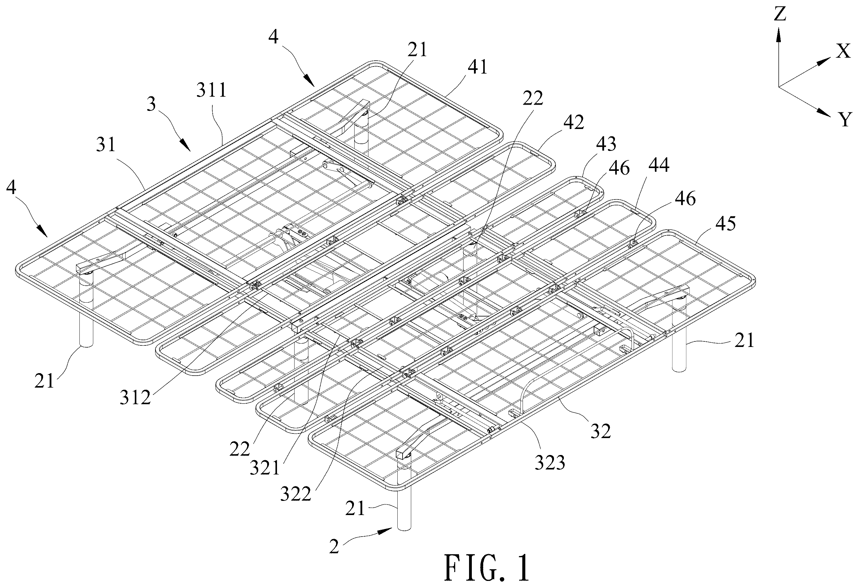 Patent US12599245 Figure 1 – Width-adjustable foldable bed