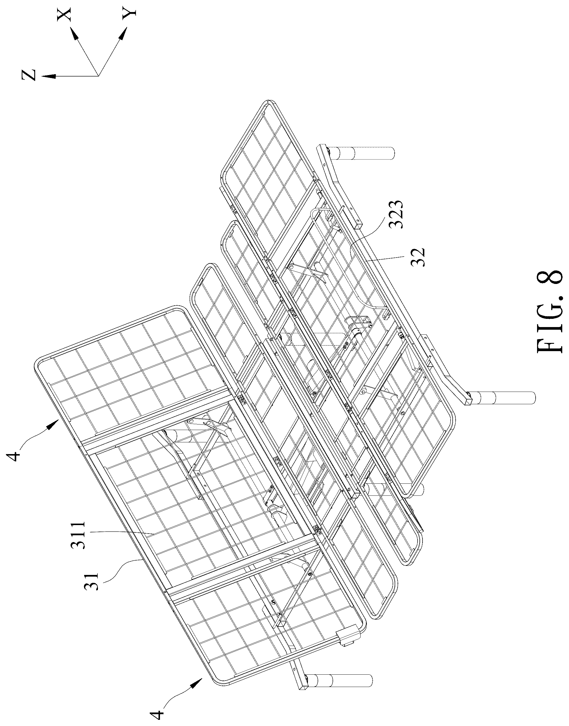 Patent US12599245 Figure 8 – Width-adjustable foldable bed
