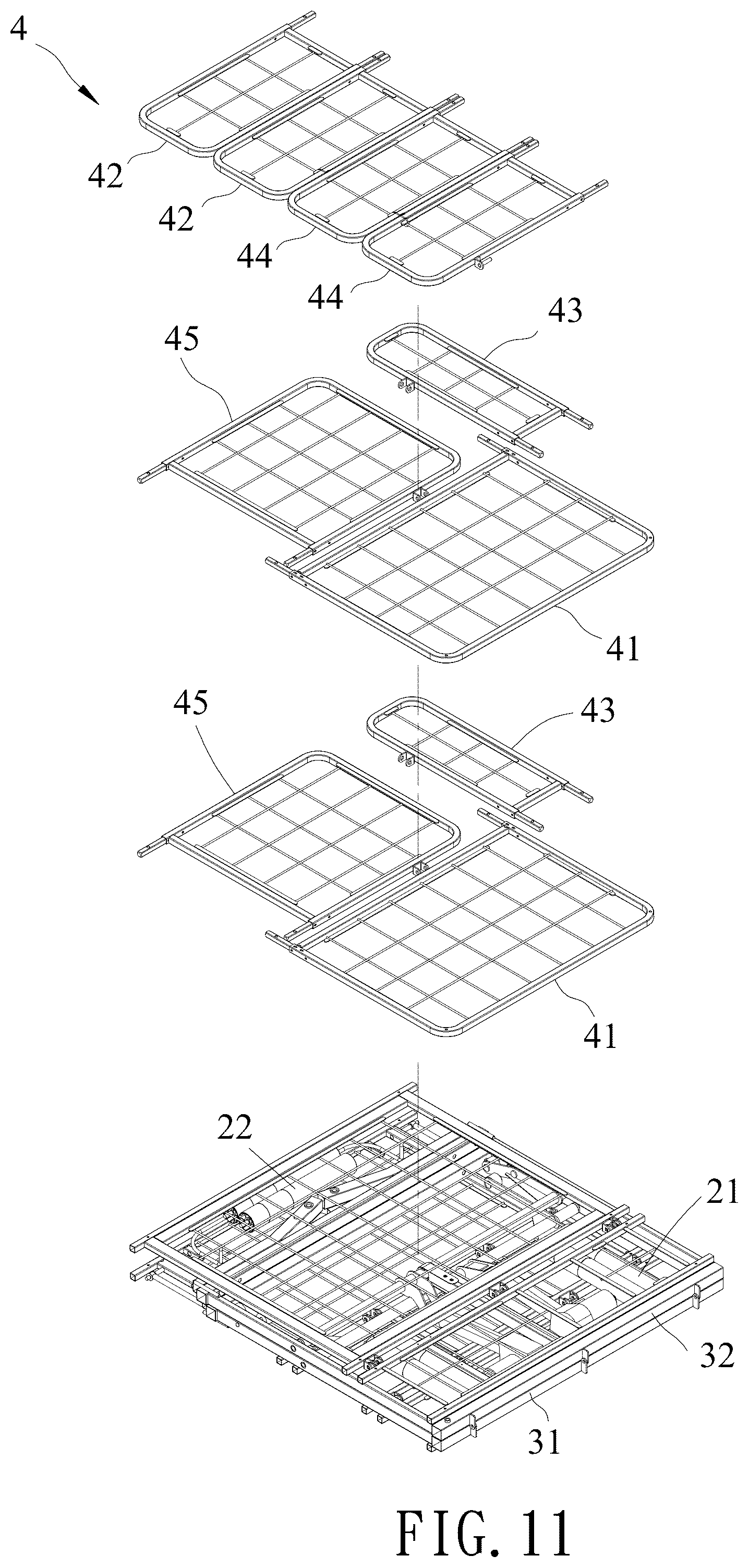Patent US12599245 Figure 11 – Width-adjustable foldable bed