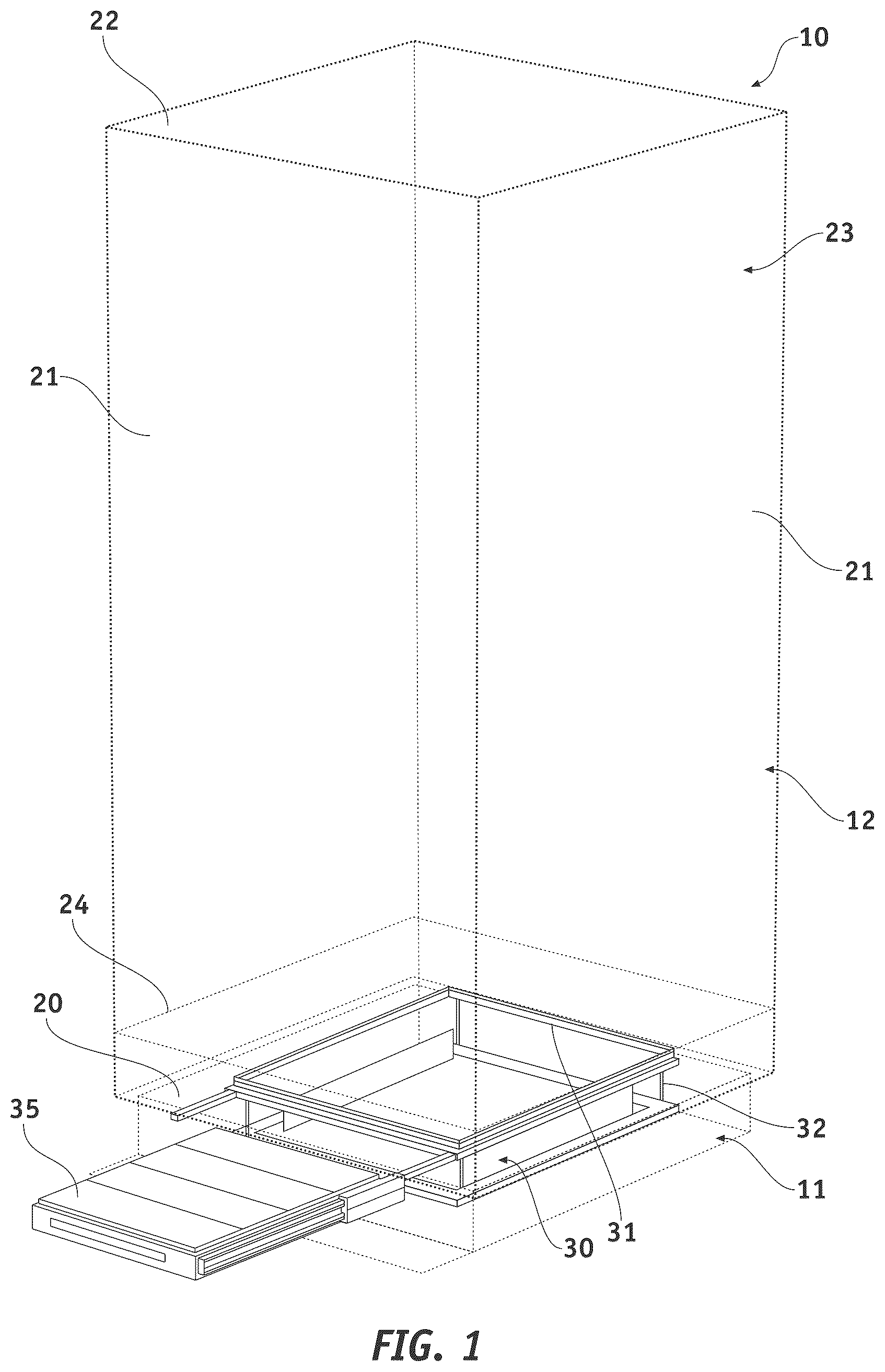 Patent US12599251 Figure 1 – Display case with removable and liftable tray for hygroscopic material