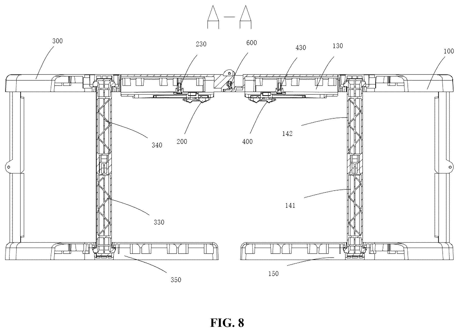 Patent US12599268 Figure 8 – Folding bathtub and retractable supporting mechanism thereof