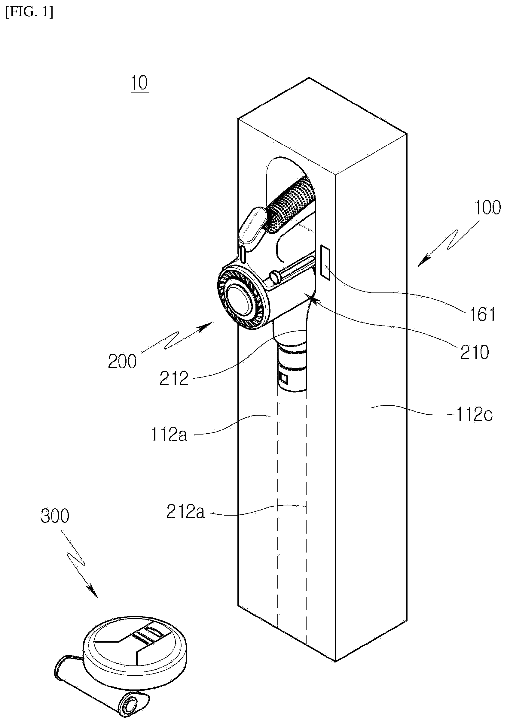 Patent US12599276 Figure 1 – Cleaner station with fixing unit