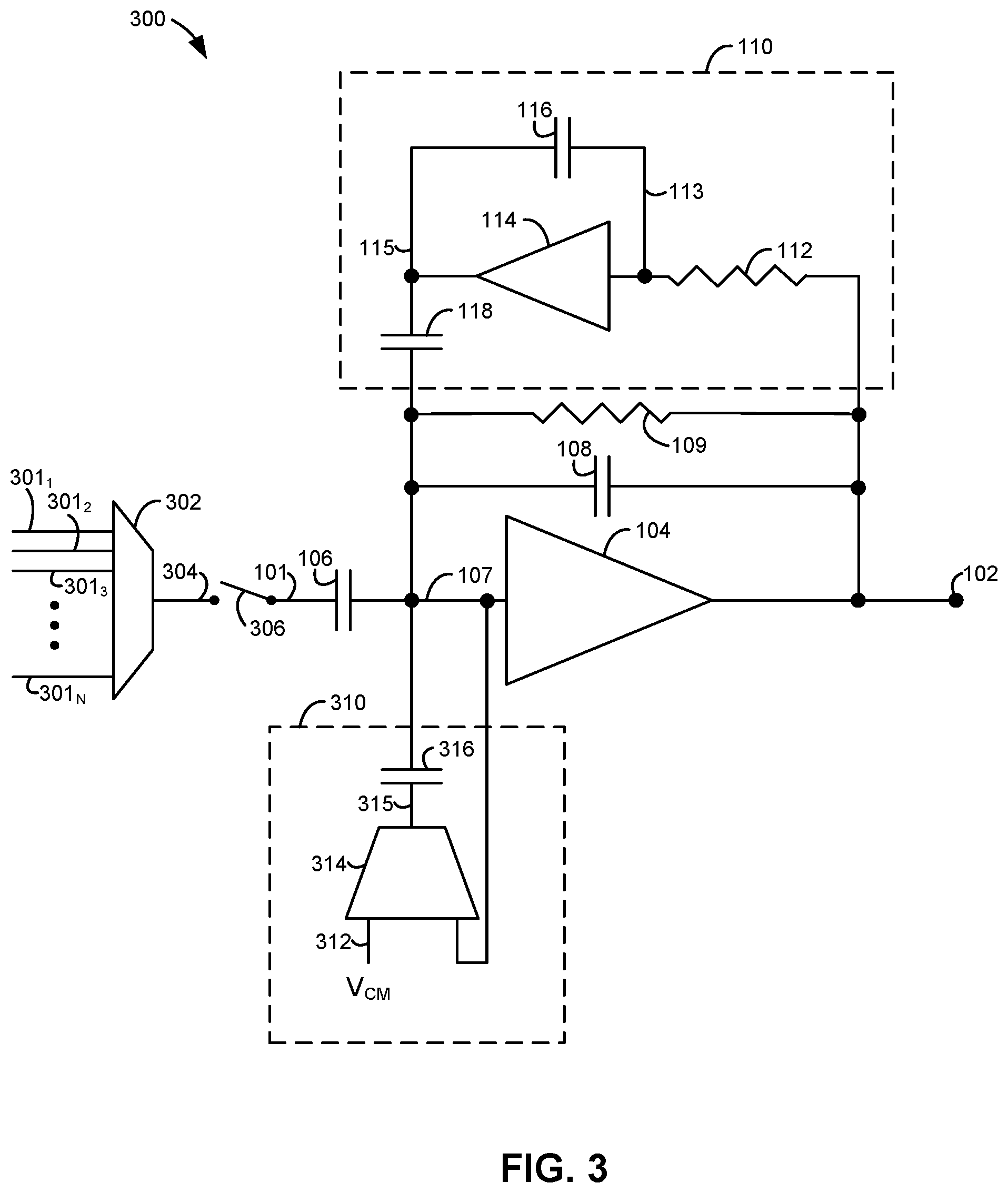 Patent US12599329 Figure 3 – Sense amplifier for a physiological sensor and/or other sensors