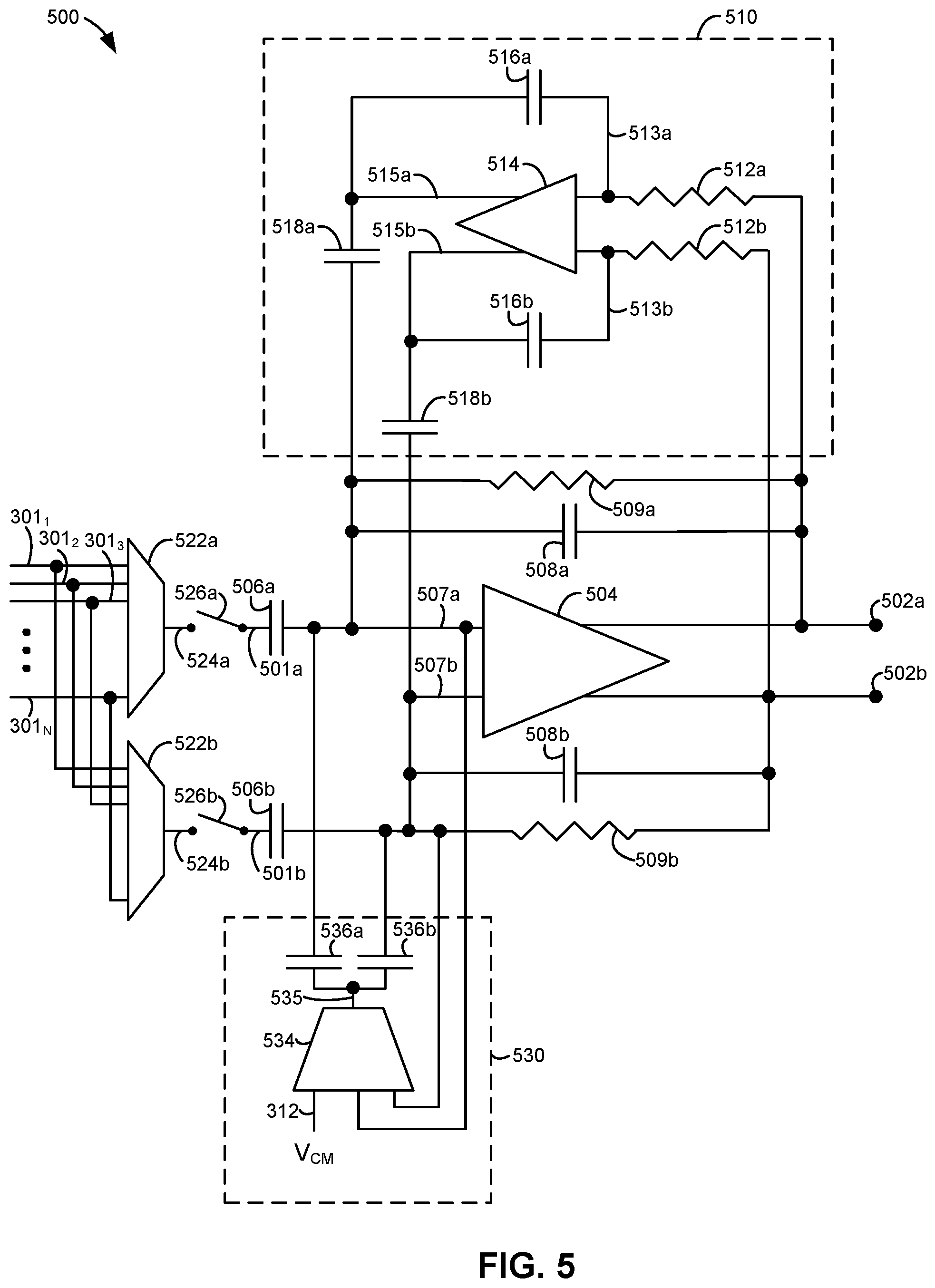 Patent US12599329 Figure 5 – Sense amplifier for a physiological sensor and/or other sensors