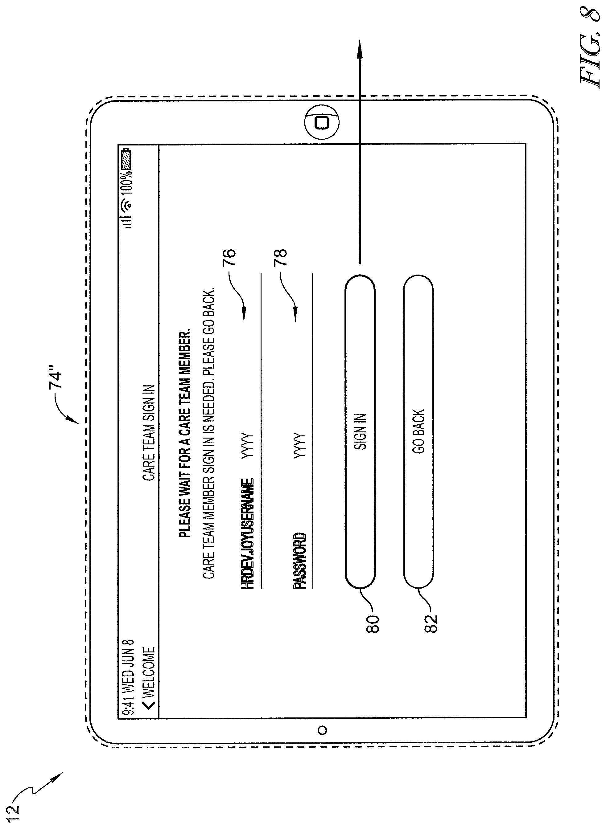 Patent US12599342 Figure 8 – Patient request system having patient falls risk notification and caregiver notes access