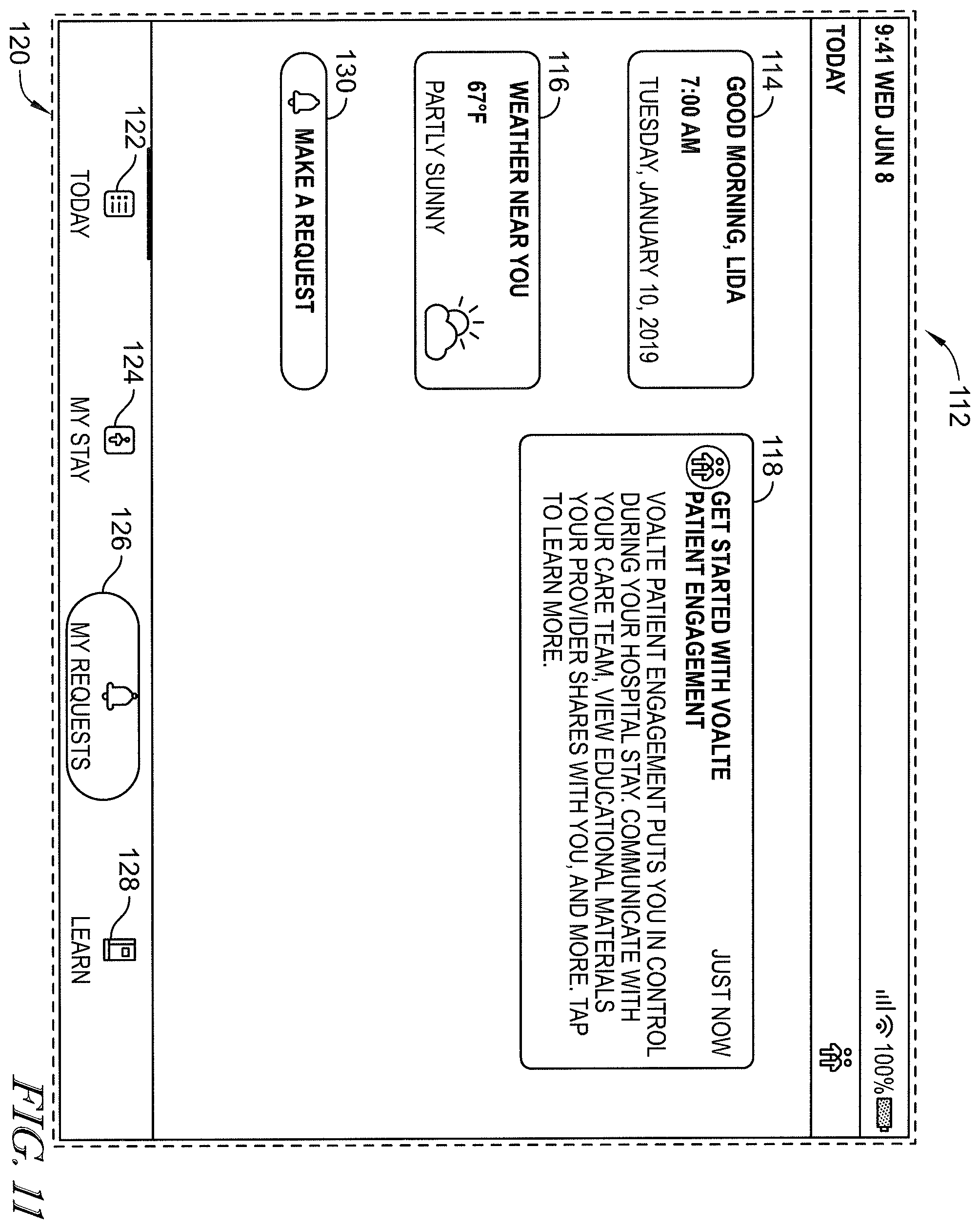 Patent US12599342 Figure 11 – Patient request system having patient falls risk notification and caregiver notes access