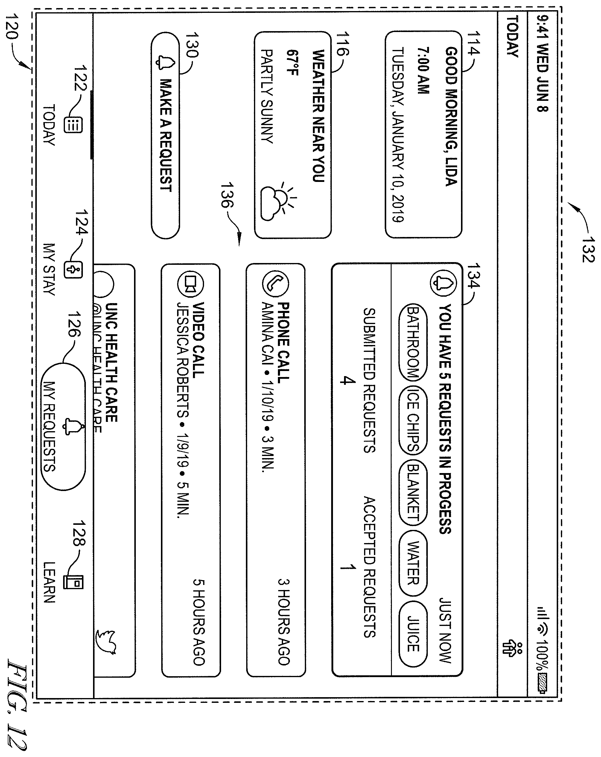 Patent US12599342 Figure 12 – Patient request system having patient falls risk notification and caregiver notes access