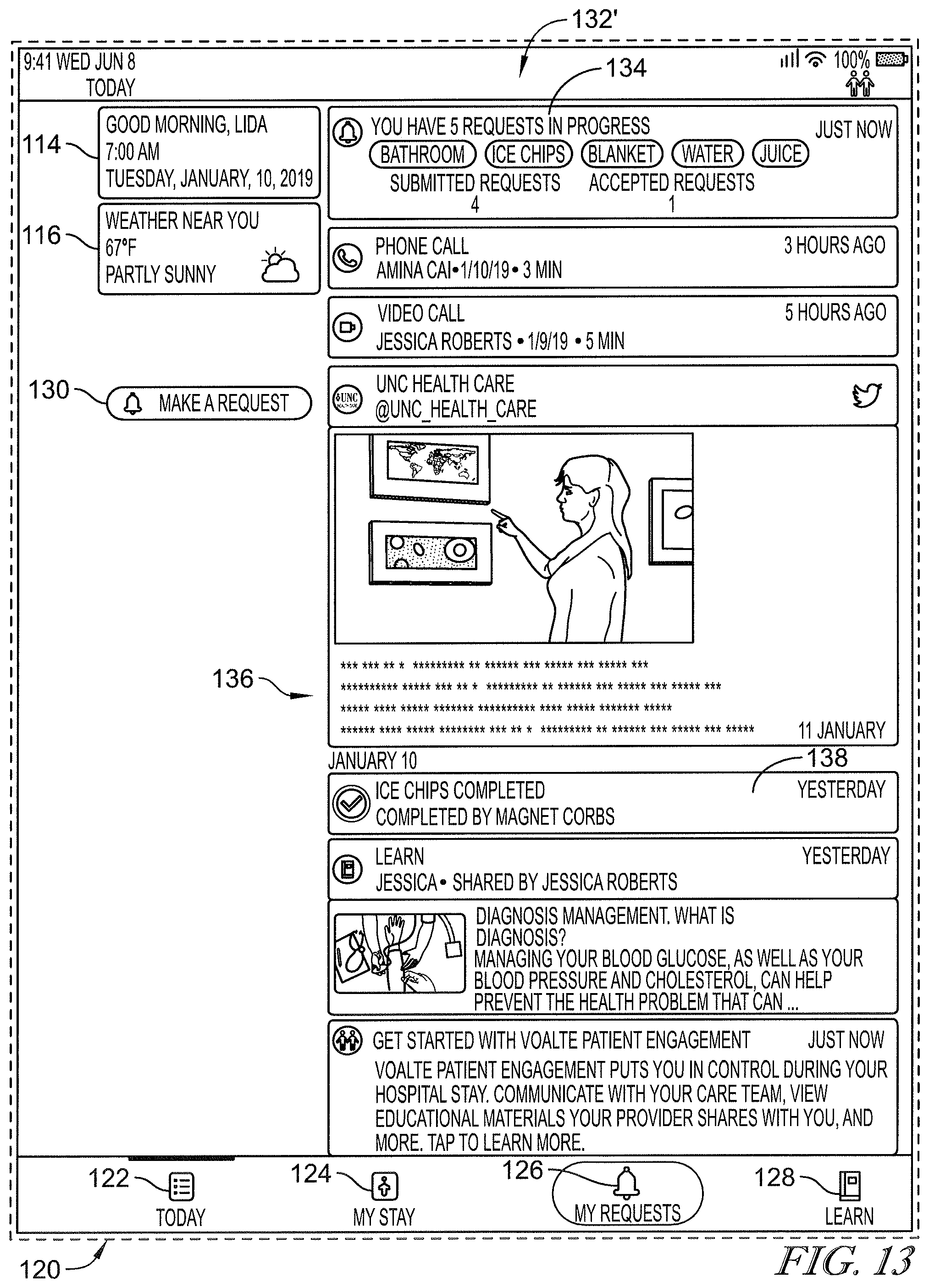 Patent US12599342 Figure 13 – Patient request system having patient falls risk notification and caregiver notes access