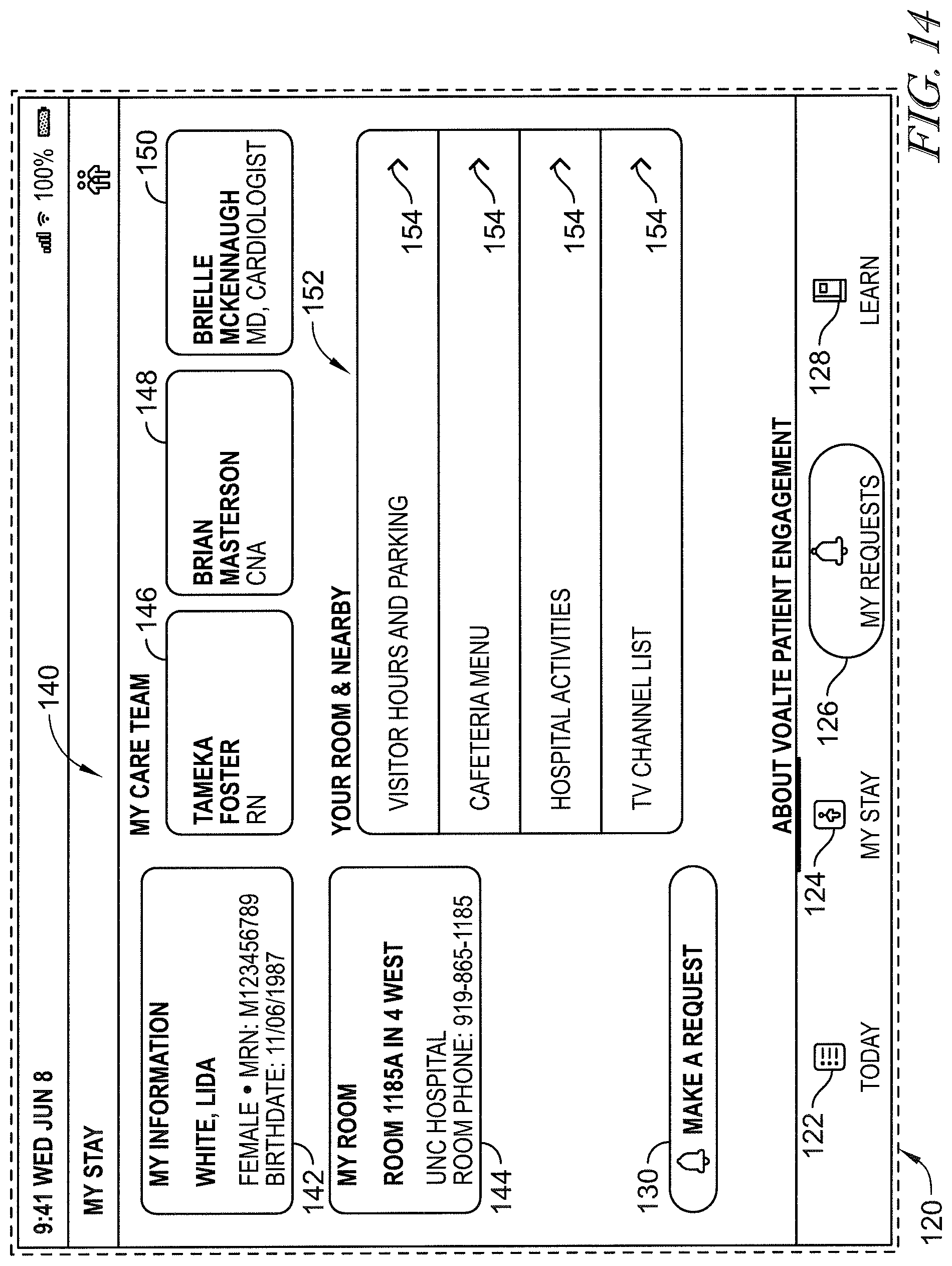 Patent US12599342 Figure 14 – Patient request system having patient falls risk notification and caregiver notes access