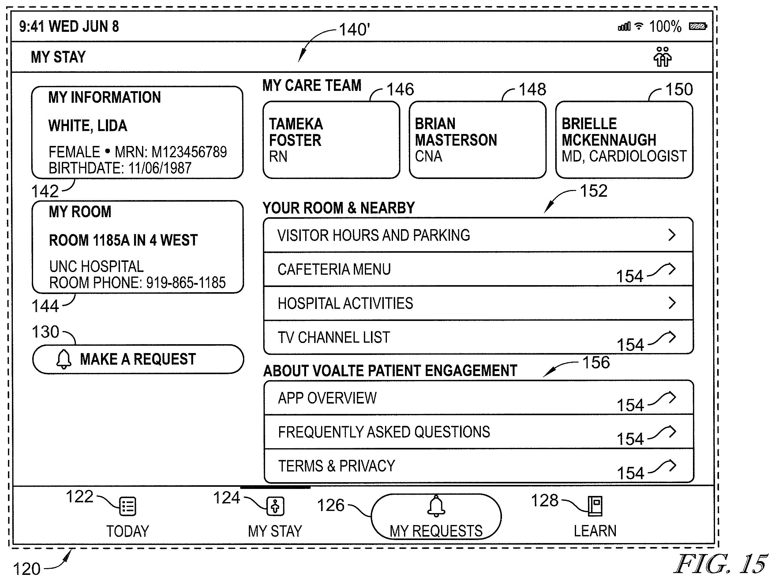 Patent US12599342 Figure 15 – Patient request system having patient falls risk notification and caregiver notes access