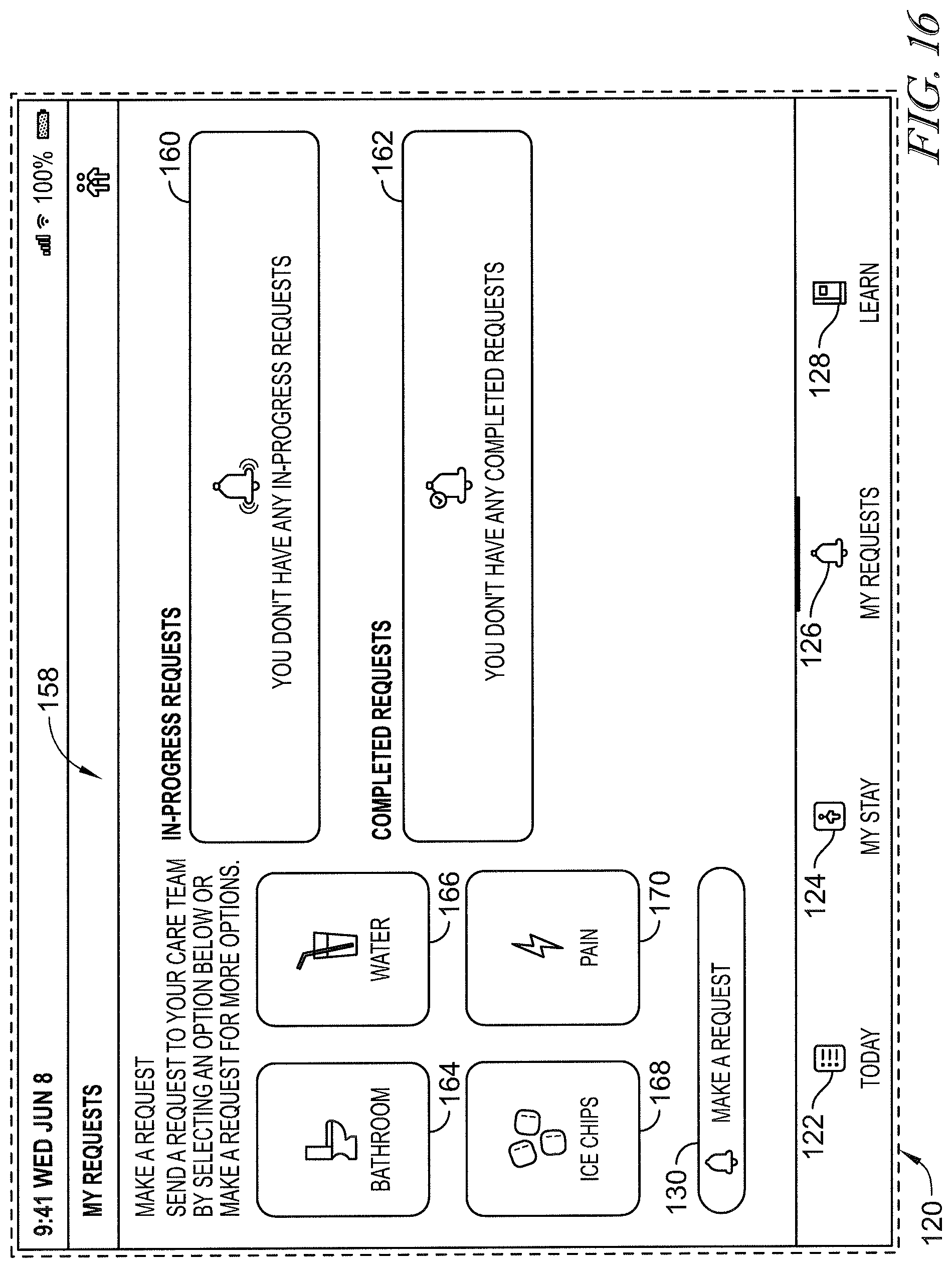 Patent US12599342 Figure 16 – Patient request system having patient falls risk notification and caregiver notes access