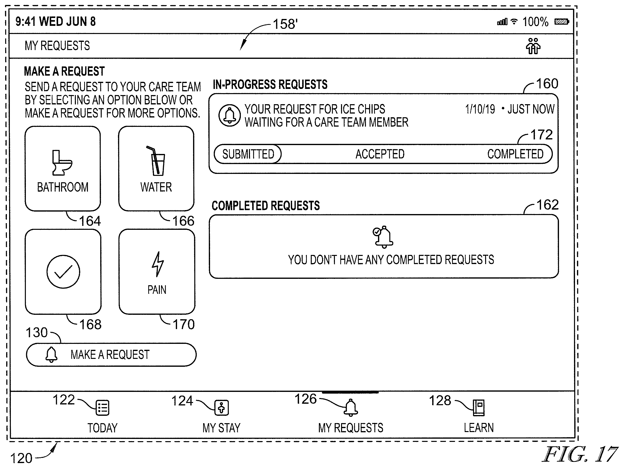 Patent US12599342 Figure 17 – Patient request system having patient falls risk notification and caregiver notes access