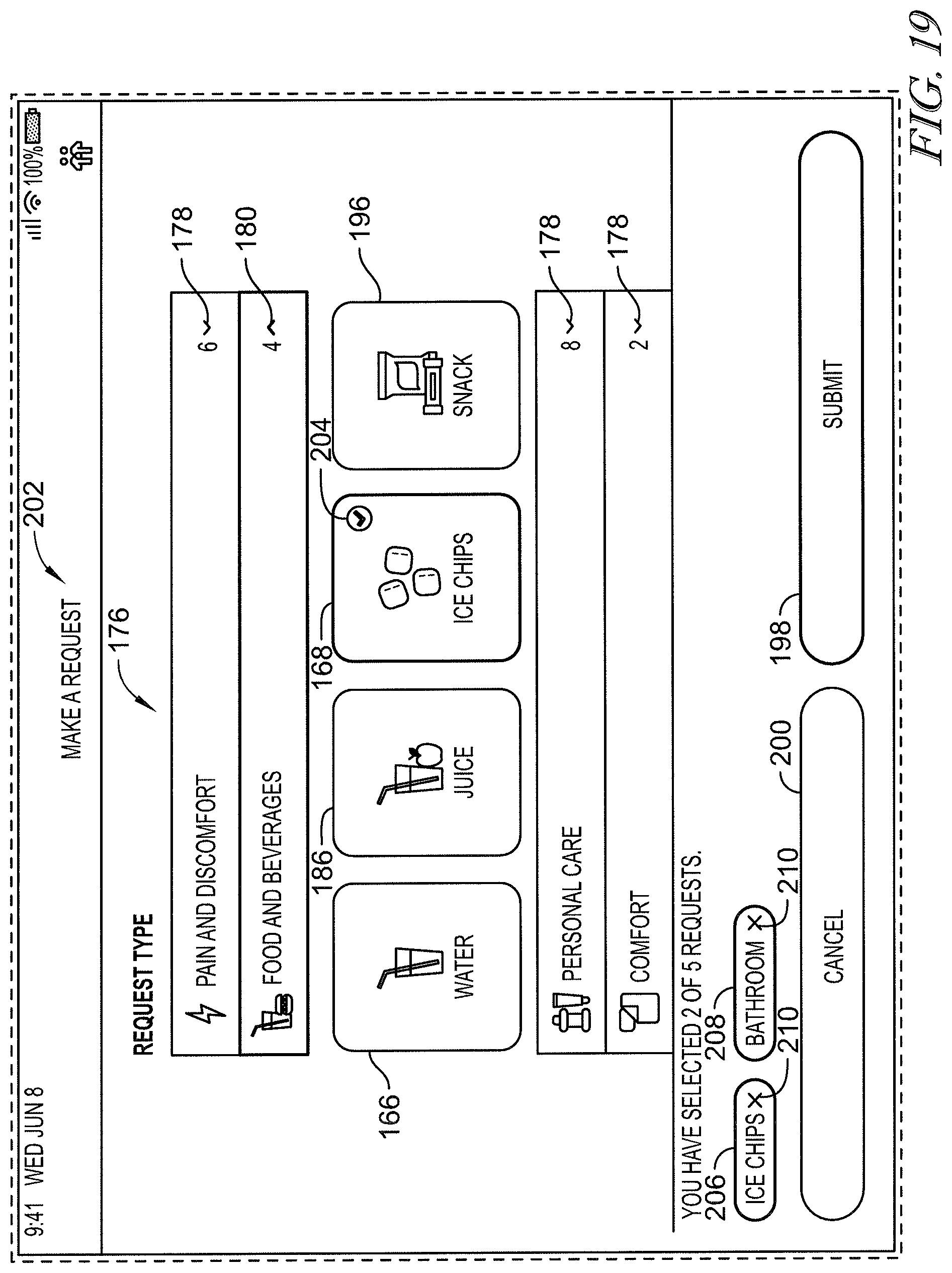 Patent US12599342 Figure 19 – Patient request system having patient falls risk notification and caregiver notes access