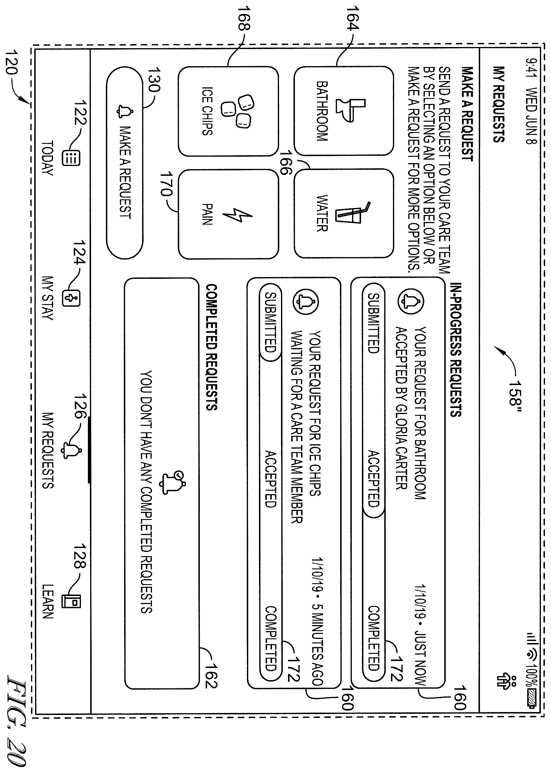 Patent US12599342 Figure 20 – Patient request system having patient falls risk notification and caregiver notes access