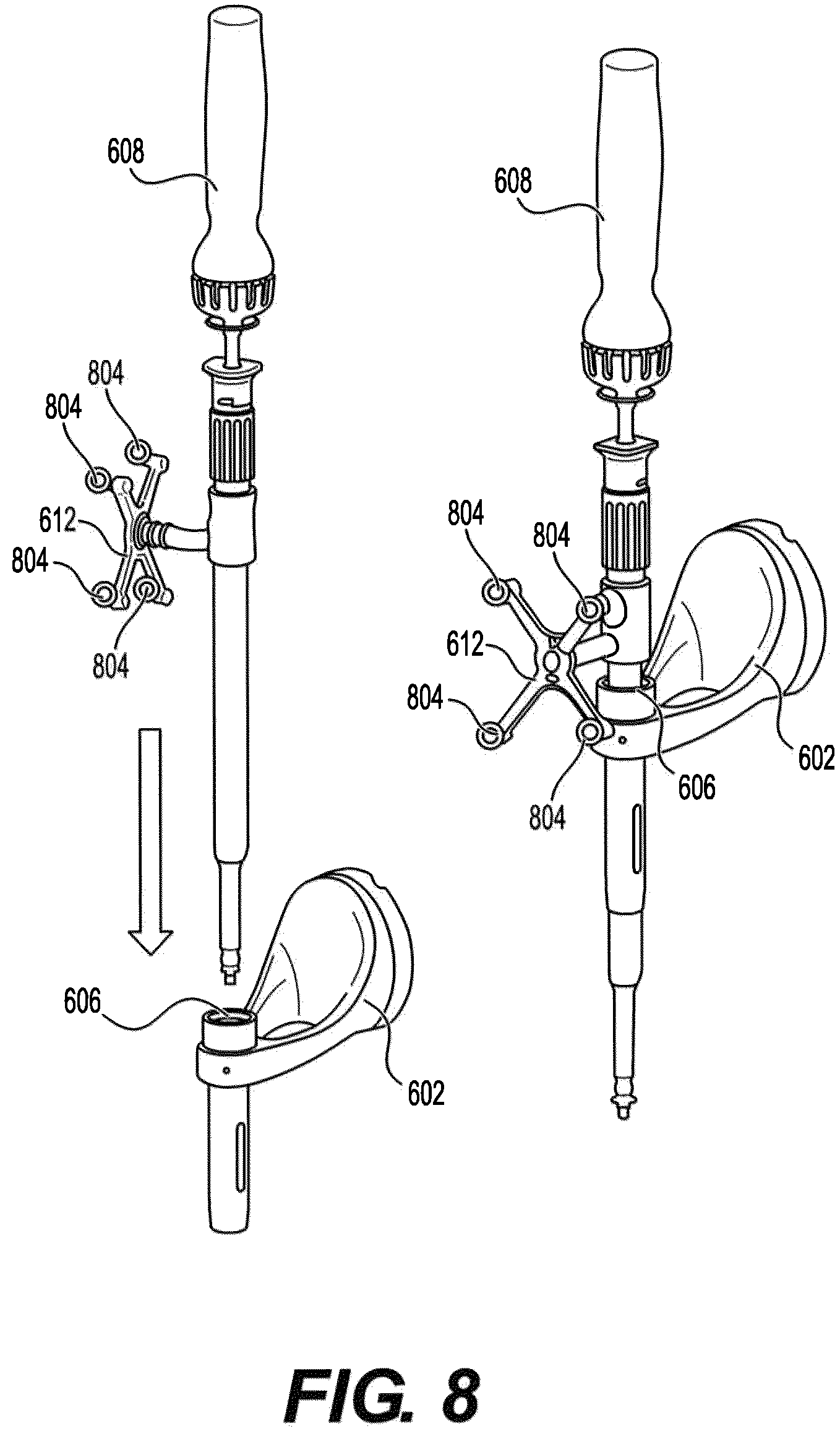 Patent US12599443 Figure 8 – Surgical robotic automation with tracking markers and controlled tool advancement